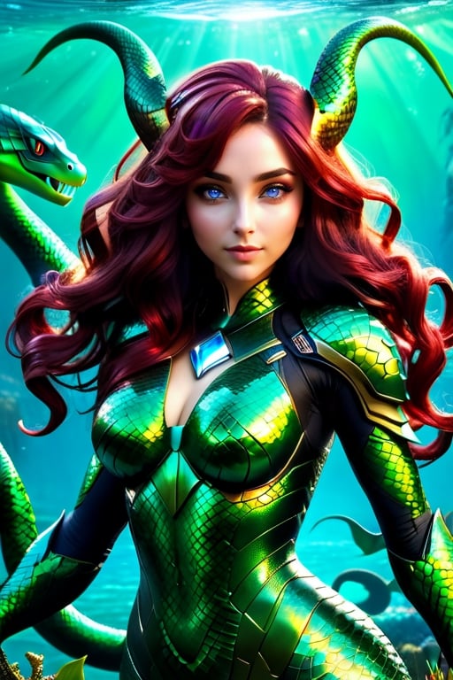 under water scenery, female mermaid with thight female body, ironman chestarmor , masterpiece beautiful face, ana de armas, no Helmet,  masterpiece scenery, brown eyes,(((red ironman armor with blue glowing rune))), (((((perfect Green scaled mermaidtail))))), 
photorealistic masterpiece, perfect female body, ((full body view)), red armor with golden plates and silver linings,  Green snake skin, multiple horns, nagahead, Trient Holding, perfect female naga face, World of warcraft, ((((( medusa))))), (((((snake hair))))),  ((((( Green snake skin))))), 