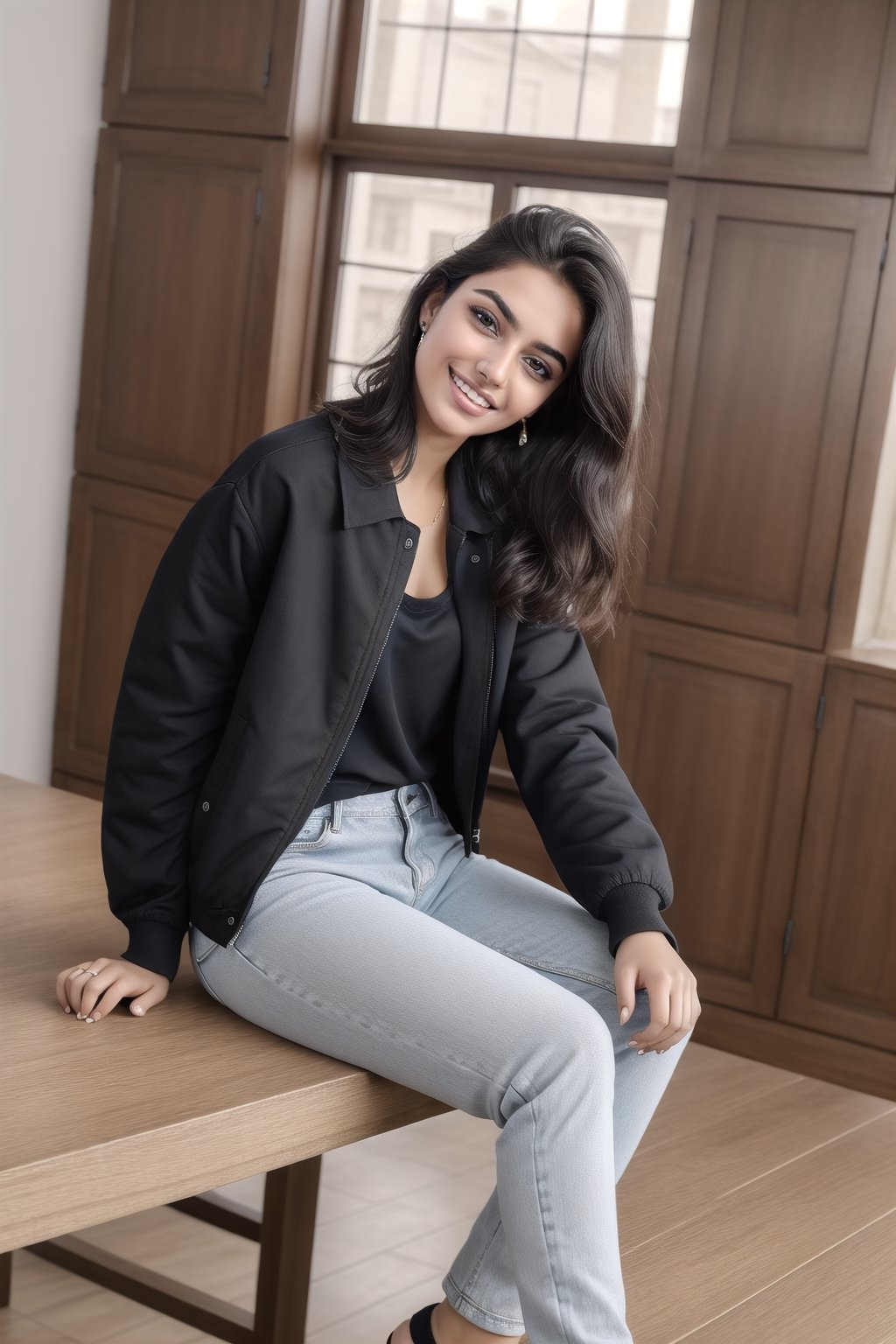  A stunning 18-year-old pakistani beauty,,sit on dinning table in sexy pose with piercing black eyes and a radiant smile, captured in hyper-realistic detail. She is wearing jacket with baggy jeans 