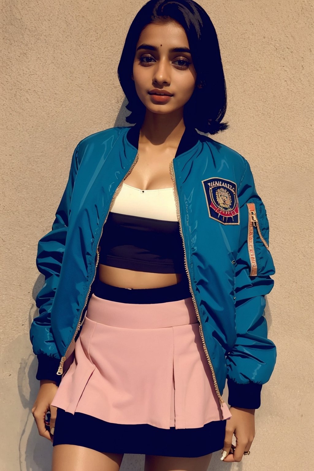 beautiful indian girl 18 years old wearing bomber jacket and short skirt hot sexy, clevage , fucking hot, veiny breast full photo