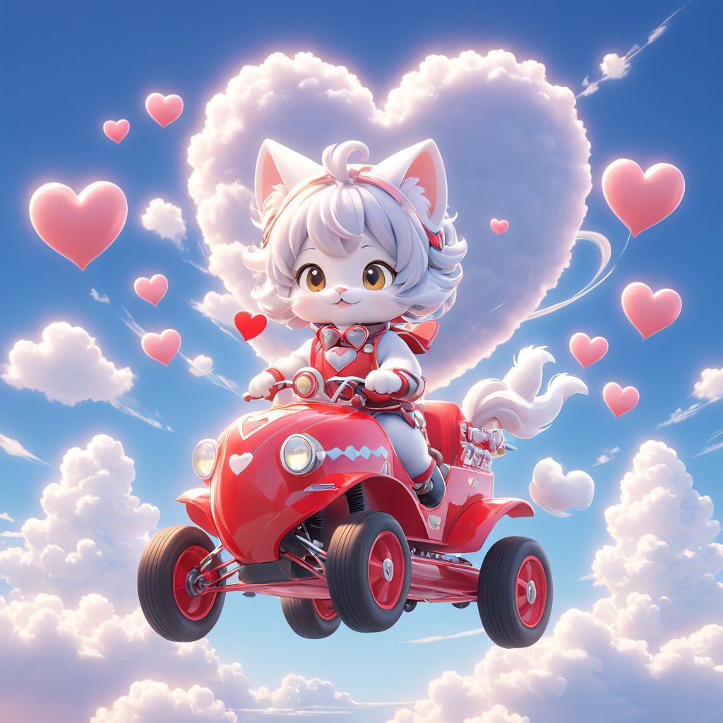 Heart-Shaped Cloud Racer - Cat drives a heart-shaped cloud racer and races in the sweet sky