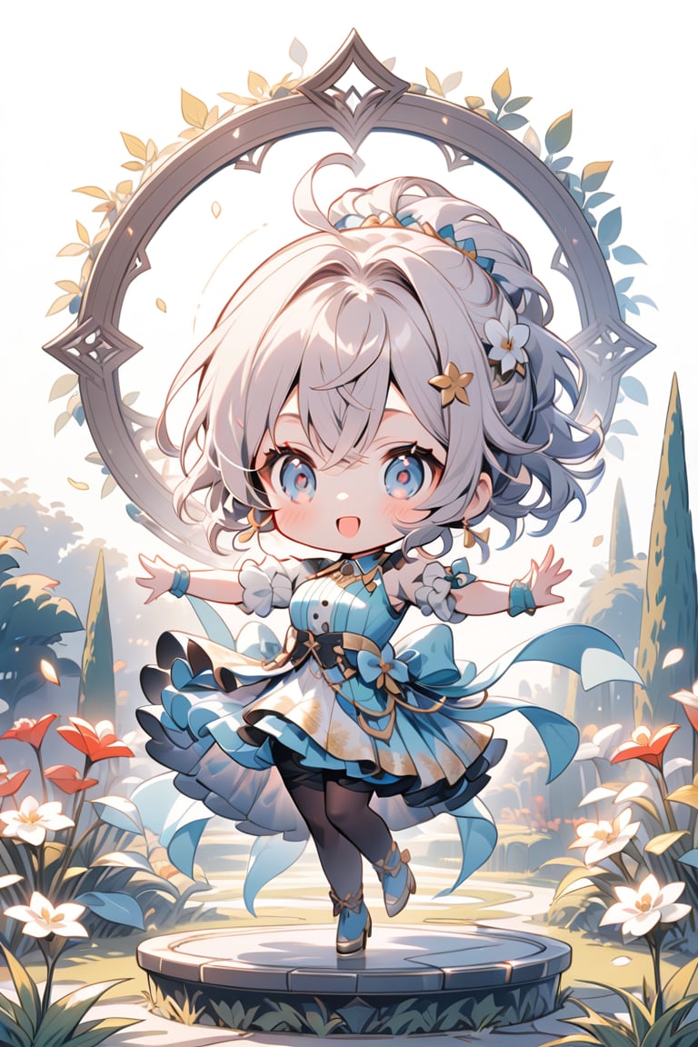 A girl dancing in a garden, showcasing her talent in dance, chibi