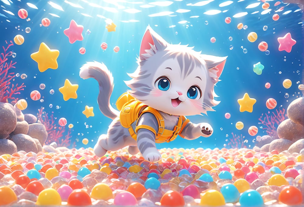 Star Candy Diving - Cat dives in the sea of ​​star candies and explores the sweet world under the sea, 3D RENDING