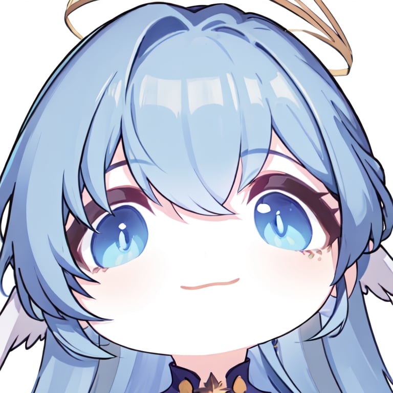 masterpiece, best quality, light smile, close-up, white background,chibi, blue hair, blue_eyes,halo, head wings,robin