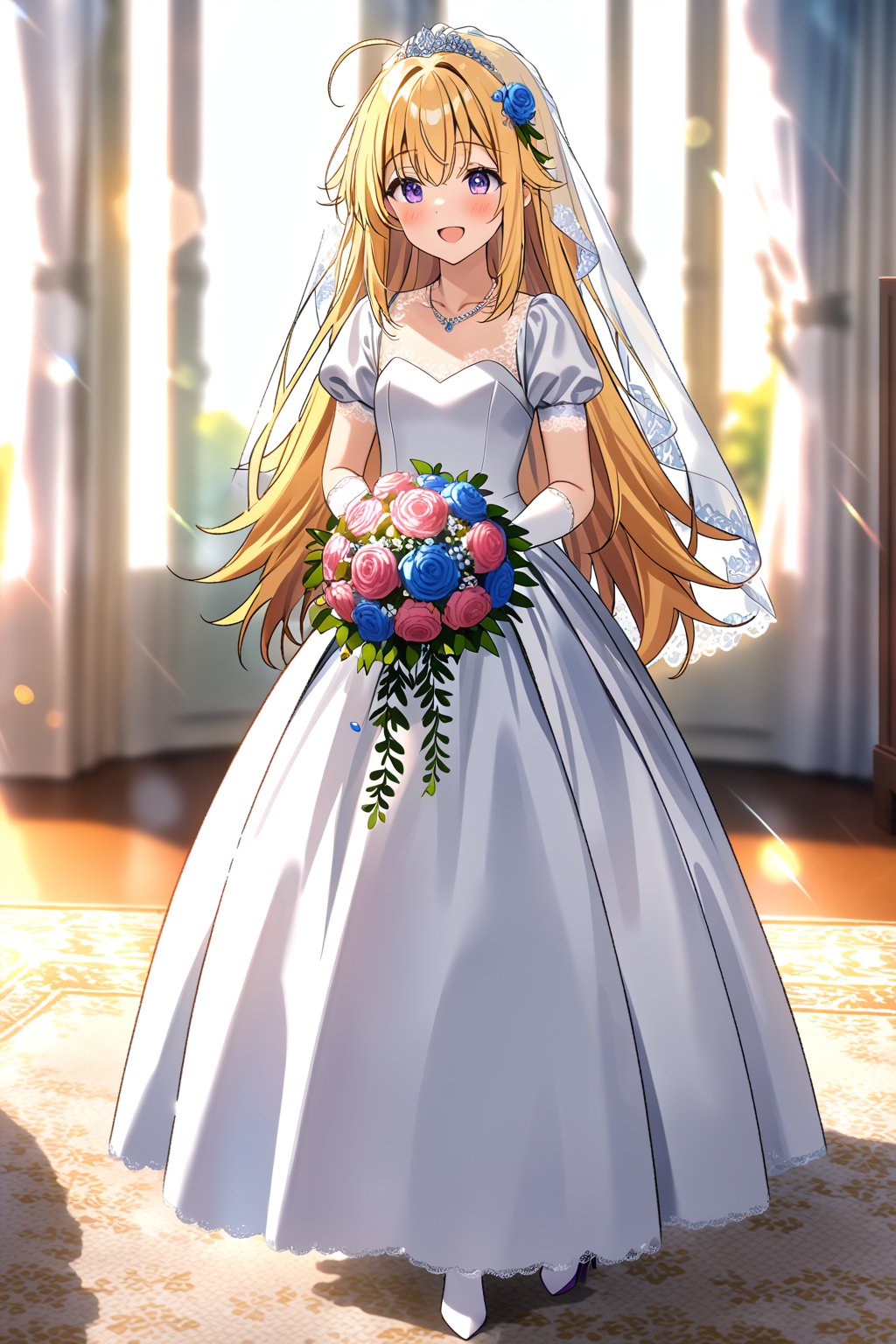 masterpiece, best quality,(1girl), solo,(depth of field),(solo focus),8K,HDR,(ultra high res),(highres),(full body),(lens flare),smiles,blush,ctiank0shi,ahoge (blonde hair),bangs,(long hair),(purple eyes),(collarbone),(hair ornament),(wedding dress), (white dress),(puffy short sleeves),(frilled dress),(white shirt),(skirt), ((white gloves),(lace-trimmed gloves)),(elbow gloves), necklace,jewelry,(white legwear),(white footwear),(high heels), indoors,standing,room, window, curtains, carpet,veil,(holding bouquet),
