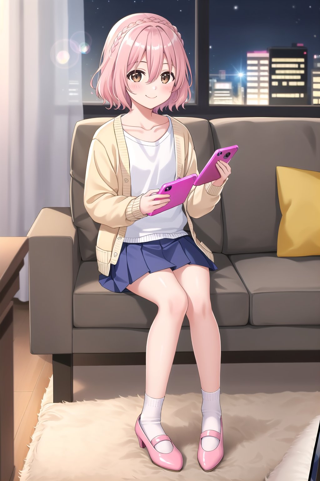 masterpiece, best quality,(1girl), solo,(depth of field),(solo focus),8K,HDR,(ultra high res),(highres),(full body),(lens flare),smiles,blush,(closed mouth),(sonogami rinne),bangs,(medium hair), (pink hair), (braid),(light brown eyes), (hair between eyes),(aqua cardigan), (open cardigan),(long sleeves),(white shirt),(blue skirt),(collarbone),(white socks),(pink footwear),(flats),indoors,(holding phone),(smartphone),(modern room),carpet,curtain,(living room),couch,night