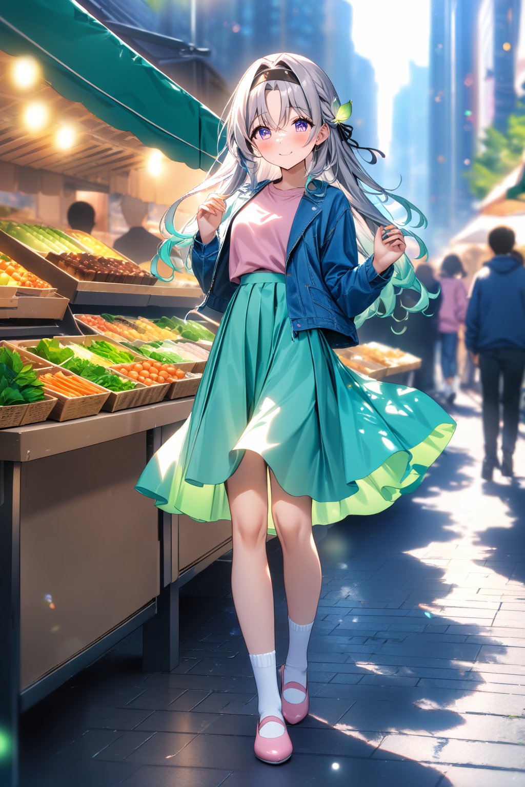 masterpiece, best quality,(1girl), solo,(depth of field),(solo focus),8K,HDR,(ultra high res),(highres),(Exquisite visuals),(narrow waist),(full body),(lens flare),smiles,blush,(nice hands), (perfect hands),((absurdres)),Firefly,(parted bangs),(purple eyes),(grey hair),(gradient hair),(hair intakes),(long hair),(black hairband),(leaf hair ornament),(black ribbon),(hair between eyes),(blue jacket),(pink shirt),(aqua skirt),(white socks),(pink footwear),(flats),(outdoors),(cityspace),(market stall),(human road),street,