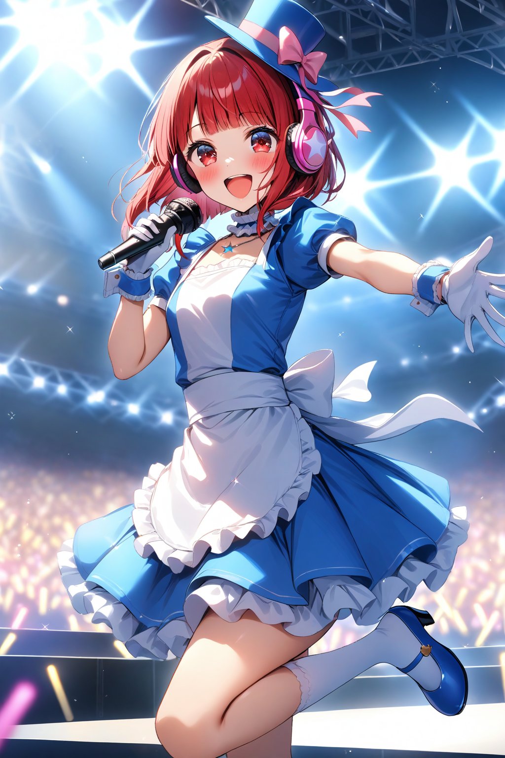 masterpiece, best quality,(1girl), solo,(depth of field),(solo focus),8K,HDR,(ultra high res),(highres),(full body),(lens flare),smiles,blush,(Kana-XL),(medium hair), (red eyes), (red hair),(blunt bangs),(top hat),(
hat bow),(idol clothes),(white bowtie),(blue dress),(frilled choker),(pink ribbon),(puffy short sleeves),(wrist cuffs)(white apron),(white gloves).(necklace),(white sock), (blue footwear),(mary janes),(pink headphones),(outdoors),(holding microphone),music, singing,(stage),(stage lights),(star (sky)),sparkle,(scaffolding),(standing),audience,glowstick,(outstretched arm),(feet out of frame),(leg up),