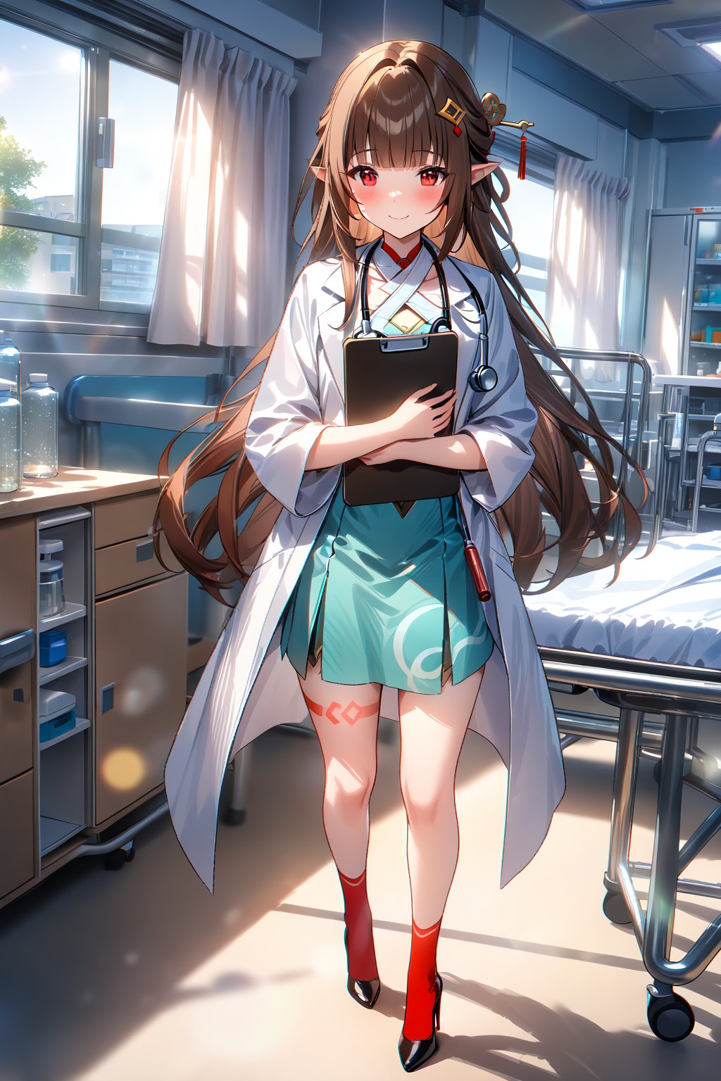 masterpiece, best quality,(1girl), solo,(depth of field),(solo focus),8K,HDR,(ultra high res),(highres),(full body),(lens flare),smiles,blush,(closed mouth), (lingsha),(blunt bangs),(brown hair),(very long hair),(red eyes),(pointy ears ),sidelocks,(hair ornament),(jewelry),(halterneck),(white coat),(lab coat),(white shirt),(aqua skirt),(red socks),(black footwear),(high heels),(leg tattoo),scenery,(indoors),(doctor),(bed sheet),cabinet,(blanket),curtains,(standing),(hospital bed),infirmary,lights, stool, day,laboratory,(holding clipboard),(stethoscope),