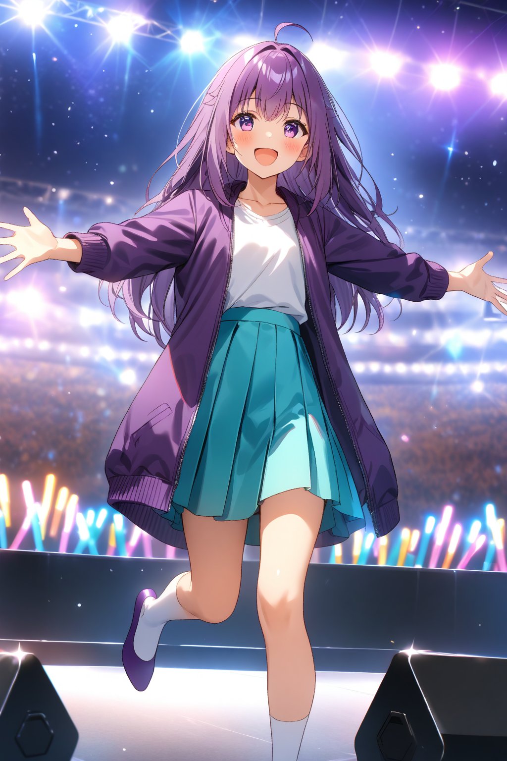 masterpiece, best quality,(1girl), solo,(depth of field),(solo focus),8K,HDR,(ultra high res),(highres),(full body),(lens flare),smiles,blush,(KJOANKO),(ahoge),(bangs),(purple hair),(long hair),(purple eyes),(purple jacket),(open jacket),(white shirt),(collarbone),(aqua skirt),(white socks),(purple footwear),(flats),(outdoors),(holding microphone),music, singing,(stage),(stage lights),(star (sky)),sparkle,(scaffolding),(standing),audience,glowstick,(outstretched arm),(feet out of frame),(leg up)