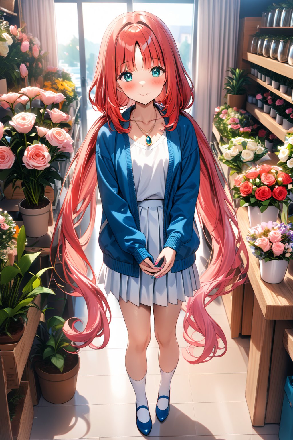 masterpiece, best quality,(1girl), solo,(depth of field),(solo focus),8K,HDR,(ultra high res),(highres),(full body),(lens flare),smiles,blush,(closed mouth),(nilou),(red hair),(nail polish), (aqua eyes), (very long hair), (low twintails),(collarbone),(necklace),(blue jacket),(open jacket),(pink shirt),(white skirt),(white socks),(blue footwear),(flats),(standing),(indoors),curtains,(flower shop),(shop),(holding bouquet),florist,(loaded interior),(potted plant),(flower),vase,wreath,