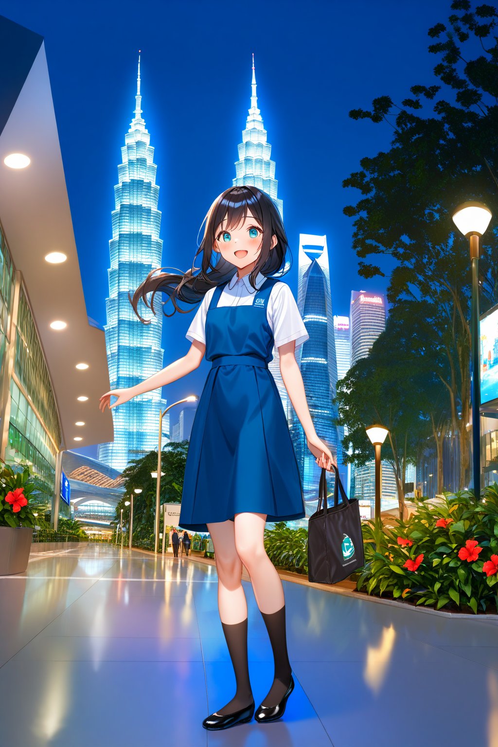 masterpiece, best quality,(1girl), solo,(depth of field),(solo focus),8K,HDR,(ultra high res),(highres),(full body),(lens flare),smiles,blush,(black hair), (long hair),(aqua eyes),(floating hair), sidelocks,(malaysian secondary school uniform),(schoollogo),(school's logo on right side (pinafore dress)),(aqua blue skirt),(blue pinafore),(collared shirt),(white shirt),(short sleeves),(black socks),(black footwear),(ballet flats),(standing),(outdoors),(cityspace),(holding hand bag),(lamppost),(building),urban,(petronas twin tower),(Longhouse),(national airport tower),KLCC,(Kuala Lumpur countryside),(Kuala Lumper Tower),Malaysia,(blue sky),landmarks,night,firework,(Hibiscus rosa-sinensis),flower,street