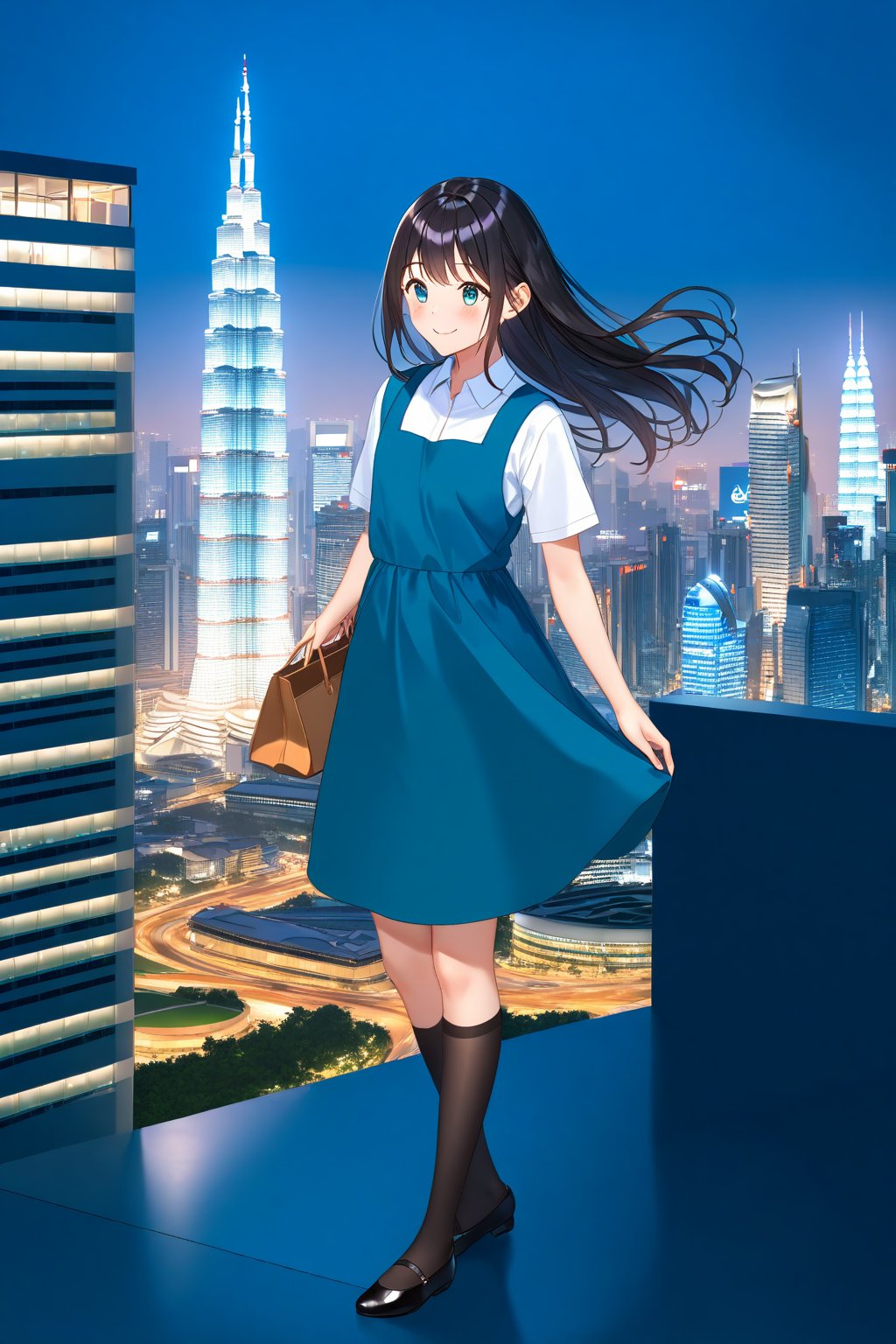 masterpiece, best quality,(1girl), solo,(depth of field),(solo focus),8K,HDR,(ultra high res),(highres),(full body),(lens flare),smiles,blush,(closed mouth),(black hair), (long hair),(aqua eyes),(floating hair), sidelocks,(malaysian secondary school uniform),(schoollogo),(school's logo on right side (pinafore dress)),(aqua blue skirt),(blue pinafore),(collared shirt),(white shirt),(short sleeves),(black socks),(black footwear),(ballet flats),(standing),(outdoors),(cityspace),(holding bag),(lamppost),(building),urban,(petronas twin tower),(Longhouse),(national airport tower),KLCC,(Kuala Lumpur countryside),(Kuala Lumper Tower),Malaysia,(blue sky),landmarks,night,fireworks, 🎇, 🎆,(Hibiscus rosa-sinensis),flower,