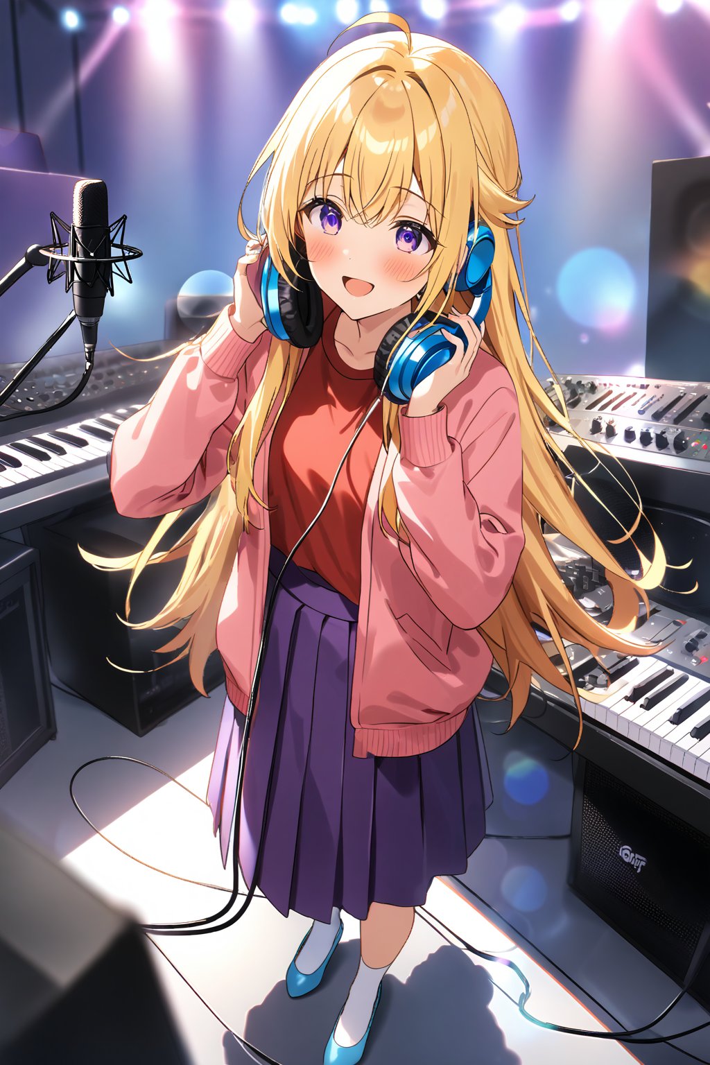 masterpiece, best quality,(1girl), solo,(depth of field),(solo focus),8K,HDR,(ultra high res),(highres),(full body),(lens flare),smiles,blush,ctiank0shi,ahoge (blonde hair),bangs,(long hair),(purple eyes),(pink cardigan),(open cardigan),(red shirt),(long sleeves),(purple skirt),(white socks),(blue footwear),(flats),(indoors),(amplifier),(cable),(computer keyboard),(pop filter),(contemporary),(music stand),(holding headphones),(headphones),(instrument),(music),(microphone stand),(singing),(speaker),(stage lights),(studio),(studio microphone )