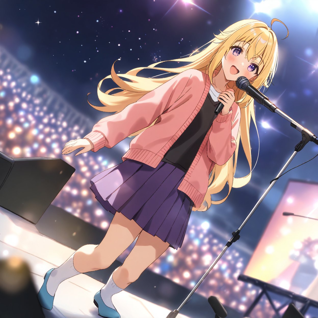 masterpiece, best quality,(1girl), solo,(depth of field),(solo focus),8K,HDR,(ultra high res),(highres),(full body),(lens flare),smiles,blush,ctiank0shi,ahoge (blonde hair),bangs,(long hair),(purple eyes),(pink cardigan),(open cardigan),(red shirt),(long sleeves),(purple skirt),(white socks),(blue footwear),(flats),(outdoors),(holding bass guitar),(dutch angle),(microphone stand),music, singing,(stage lights),(star (sky)),(standing),audience