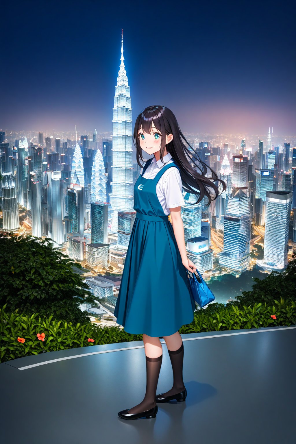 masterpiece, best quality,(1girl), solo,(depth of field),(solo focus),8K,HDR,(ultra high res),(highres),(full body),(lens flare),smiles,blush,(closed mouth),(black hair), (long hair),(aqua eyes),(floating hair), sidelocks,(malaysian secondary school uniform),(schoollogo),(school's logo on right side (pinafore dress)),(aqua blue skirt),(blue pinafore),(collared shirt),(white shirt),(short sleeves),(black socks),(black footwear),(ballet flats),(standing),(outdoors),(cityspace),(holding bag),(lamppost),(building),urban,(petronas twin tower),(Longhouse),(national airport tower),KLCC,(Kuala Lumpur countryside),(Kuala Lumper Tower),Malaysia,(blue sky),landmarks,night,firework,(Hibiscus rosa-sinensis),flower,