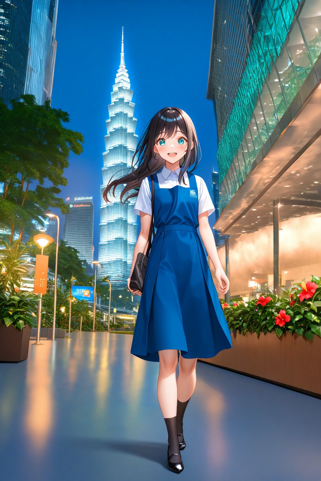 masterpiece, best quality,(1girl), solo,(depth of field),(solo focus),8K,HDR,(ultra high res),(highres),(full body),(lens flare),smiles,blush,(black hair), (long hair),(aqua eyes),(floating hair), sidelocks,(malaysian secondary school uniform),(schoollogo),(school's logo on right side (pinafore dress)),(aqua blue skirt),(blue pinafore),(collared shirt),(white shirt),(short sleeves),(black socks),(black footwear),(ballet flats),(standing),(outdoors),(cityspace),(holding hand bag),(lamppost),(building),urban,(petronas twin tower),(Longhouse),(national airport tower),KLCC,(Kuala Lumpur countryside),(Kuala Lumper Tower),Malaysia,(blue sky),landmarks,night,firework,(Hibiscus rosa-sinensis),flower,street