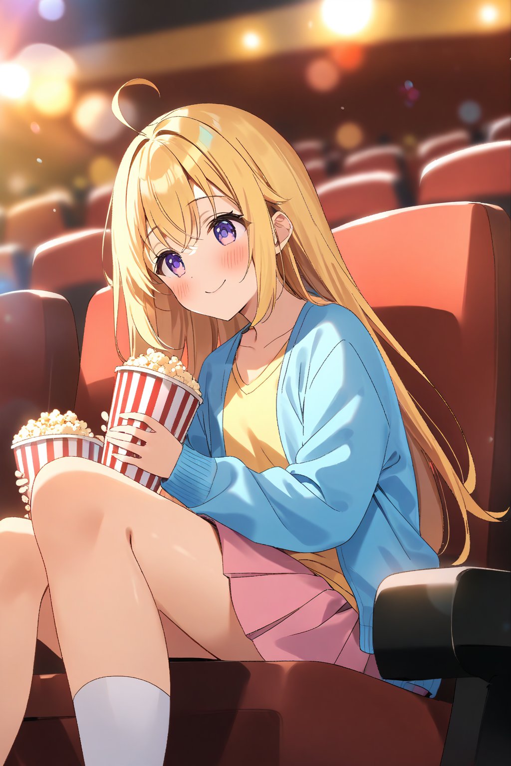 masterpiece, best quality,(1girl), solo,(depth of field),(solo focus),8K,HDR,(ultra high res),(highres),(full body),(lens flare),smiles,blush,(closed mouth), ctiank0shi,ahoge (blonde hair),bangs,(long hair),(purple eyes),(blue cardigan),(open cardigan),(yellow shirt),(long sleeves),(pink skirt),(white socks),(red footwear),(flats),(sitting),indoors, cinema,(holding food),(popcorn),(disposable cup),(movie theater),(out of frame),(theater seating),