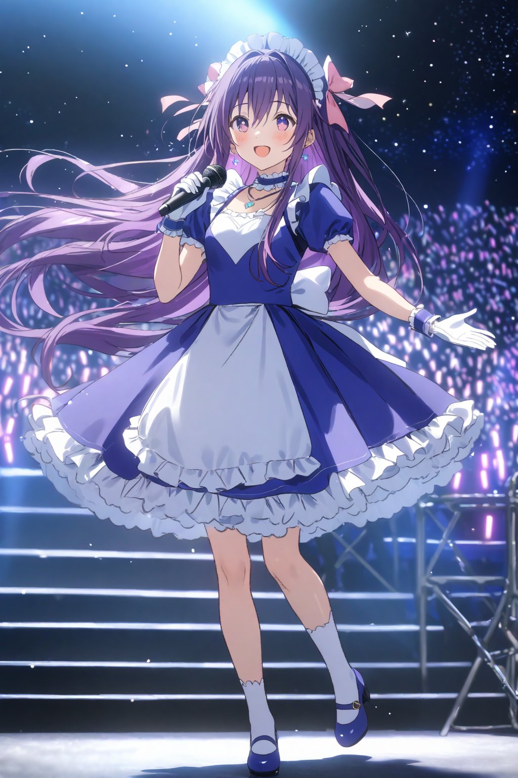 masterpiece, best quality,(1girl), solo,(depth of field),(solo focus),8K,HDR,(ultra high res),(highres),(full body),(lens flare),smiles,blush,(tooka yatogami),(hair between eyes),(white bows),(hair bows),(hair ribbon), earrings, (purple eyes), (purple hair),(floating hair),(very long hair),bangs, sidelocks,(maid headress),(idol clothes),(white bowtie),(blue dress),(frilled choker),(pink ribbon),(puffy short sleeves),(wrist cuffs)(white apron),(white gloves),(necklace),(white sock), (blue footwear),(mary janes),(pink headphones),(outdoors),(holding microphone),music, singing,(stage),(stage lights),(star (sky)),sparkle,(scaffolding),(standing),audience,glowstick,(outstretched arm),(feet out of frame),(leg up),