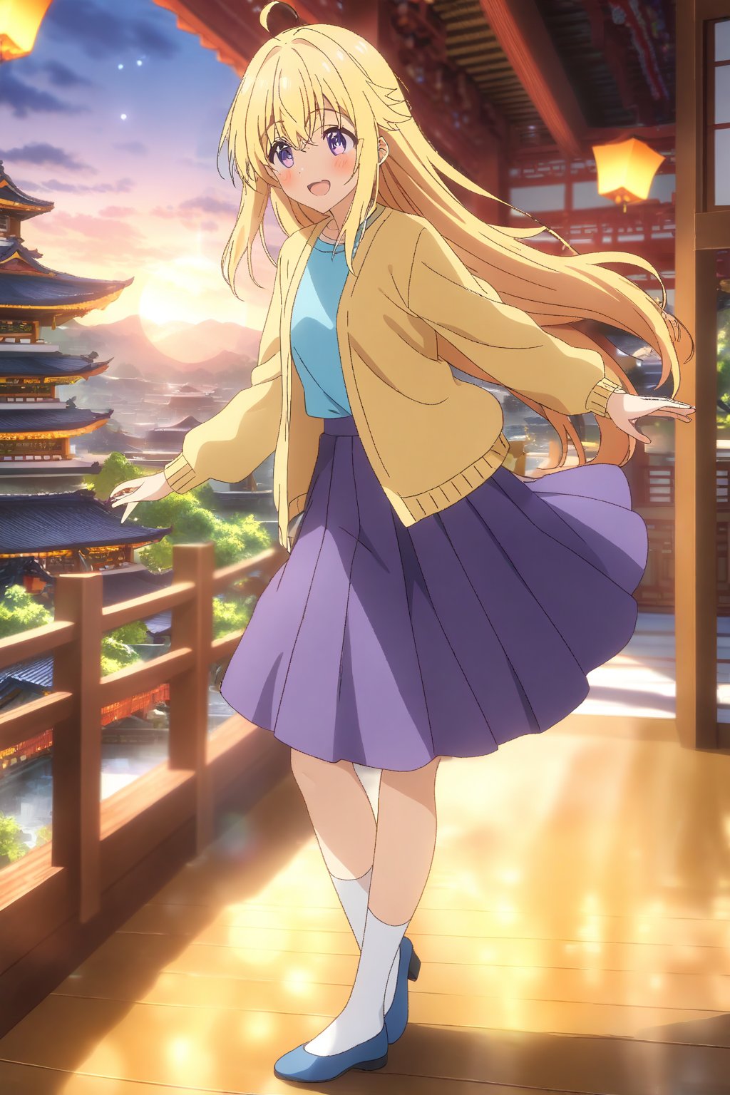 source_anime,masterpiece, best quality,(1girl), solo,(depth of field),(solo focus),8K,HDR,(ultra high res),(highres),(full body),(perfect lighting),(lens flare),smiles,blush,ctiank0shi,ahoge (blonde hair),bangs,(long hair),(purple eyes),(yellow cardigan),(open cardigan),(blue shirt),(long sleeves),(purple skirt),(white socks),(blue footwear),(flats),scenery, outdoors,(east asian architecture),(dancing),(sky lantern),temple,(wooden floor),landscape,bell,stairs, railing,statue,