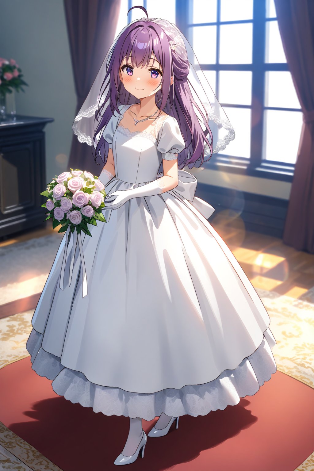 masterpiece, best quality,(1girl), solo,(depth of field),(solo focus),8K,HDR,(ultra high res),(highres),(full body),(lens flare),smiles,blush,(closed mouth), (KJOANKO),(ahoge),(bangs),(purple hair),(long hair),(purple eyes),(collarbone),(hair ornament),(wedding dress), (white dress),(puffy short sleeves),(frilled dress),(white shirt),(skirt), ((white gloves),(lace-trimmed gloves)),(elbow gloves), necklace,jewelry,(white legwear),(white footwear),(high heels), indoors,standing,room, window, curtains, carpet,veil,(holding bouquet),