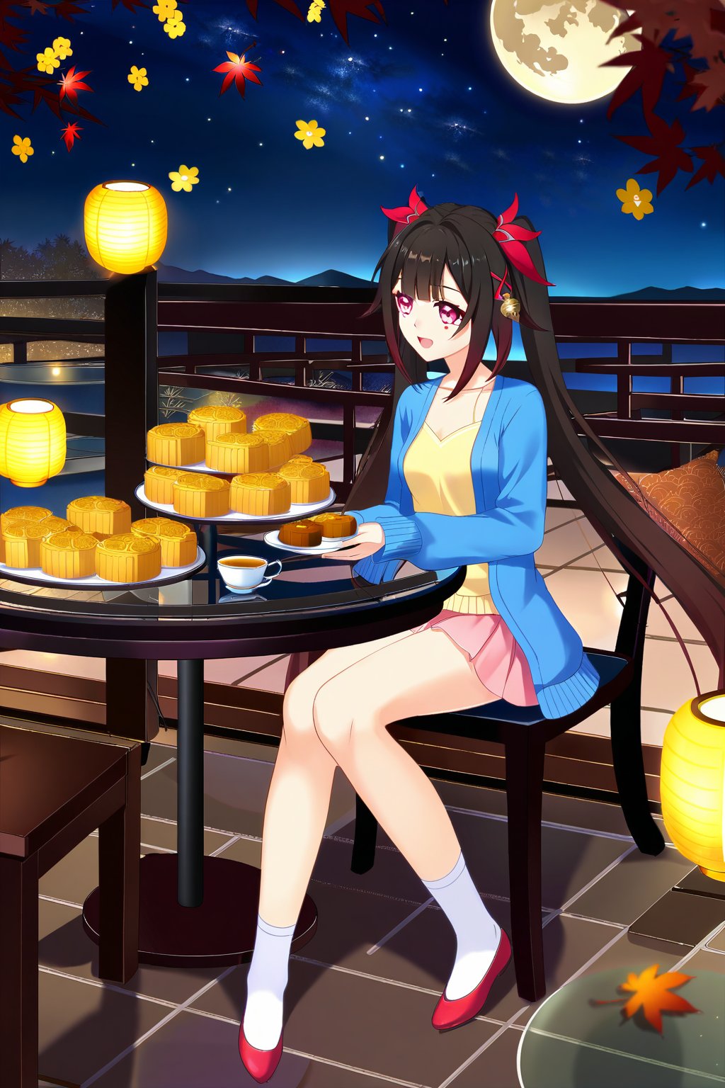 (sparkle \(honkai: star rail\)),(wispy bangs),(dark brown hair),(pink eyes),(very long hair),(twintails),(hair between eyes),(hair ornament),(blue cardigan),(open cardigan),(yellow shirt),(long sleeves),(pink skirt),(white socks),(red footwear),(flats),(mid-autumn festival),(sky lantern),(sitting),(on chair),(armchair),(balcony),(((brown mooncake),food)on plate),(holding mooncake),(maple leaf),(teacup),(teapot),(sanbou),(tsukimi dango),((glass table),(round table)),(gold osmanthus),(yellow flower),(night sky),(star \(sky\)),(full moon),(culture),china,(tile floor)