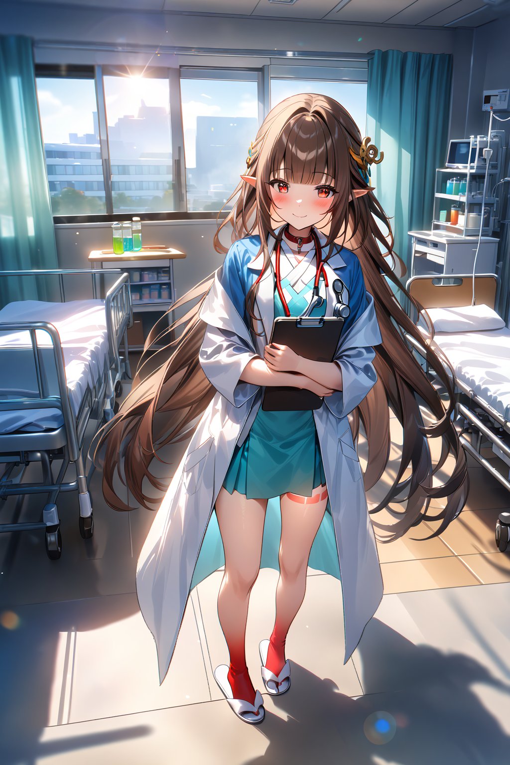 masterpiece, best quality,(1girl), solo,(depth of field),(solo focus),8K,HDR,(ultra high res),(highres),(full body),(lens flare),smiles,blush,(closed mouth), (lingsha),(blunt bangs),(brown hair),(very long hair),(red eyes),(pointy ears ),sidelocks,(hair ornament),(jewelry),(halterneck),(white coat),(lab coat),(blue shirt),(collar shirt),(aqua skirt),(red socks),(white footwear),(slippers),(leg tattoo),scenery,(indoors),(doctor),(bed sheet),cabinet,(blanket),curtains,(standing),(hospital bed),infirmary,lights, stool, day,laboratory,(holding clipboard),(stethoscope),