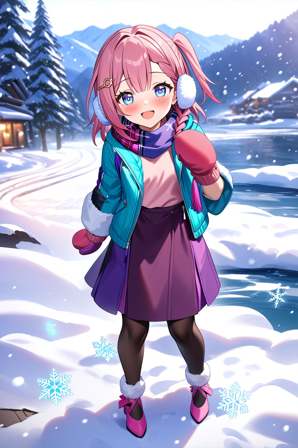 masterpiece, best quality,(1girl), solo,(depth of field),(solo focus),8K,HDR,(ultra high res),(highres),(full body),(full body),smiles,blush,asta \(honkai: star rail\),(pink hair),(medium hair),((one side up)),(blue eyes),(hairclip),(blue scarf),(plaid scarf),(pink gloves),(mittens),(earmuffs),(aqua jacket),(open jacket),(pink shirt),(purple skirt),(pink footwear),(high heels),outdoors,(standing),(snowing),(snow),(snowflakes),(on ground),winter,(tree),mountain,river