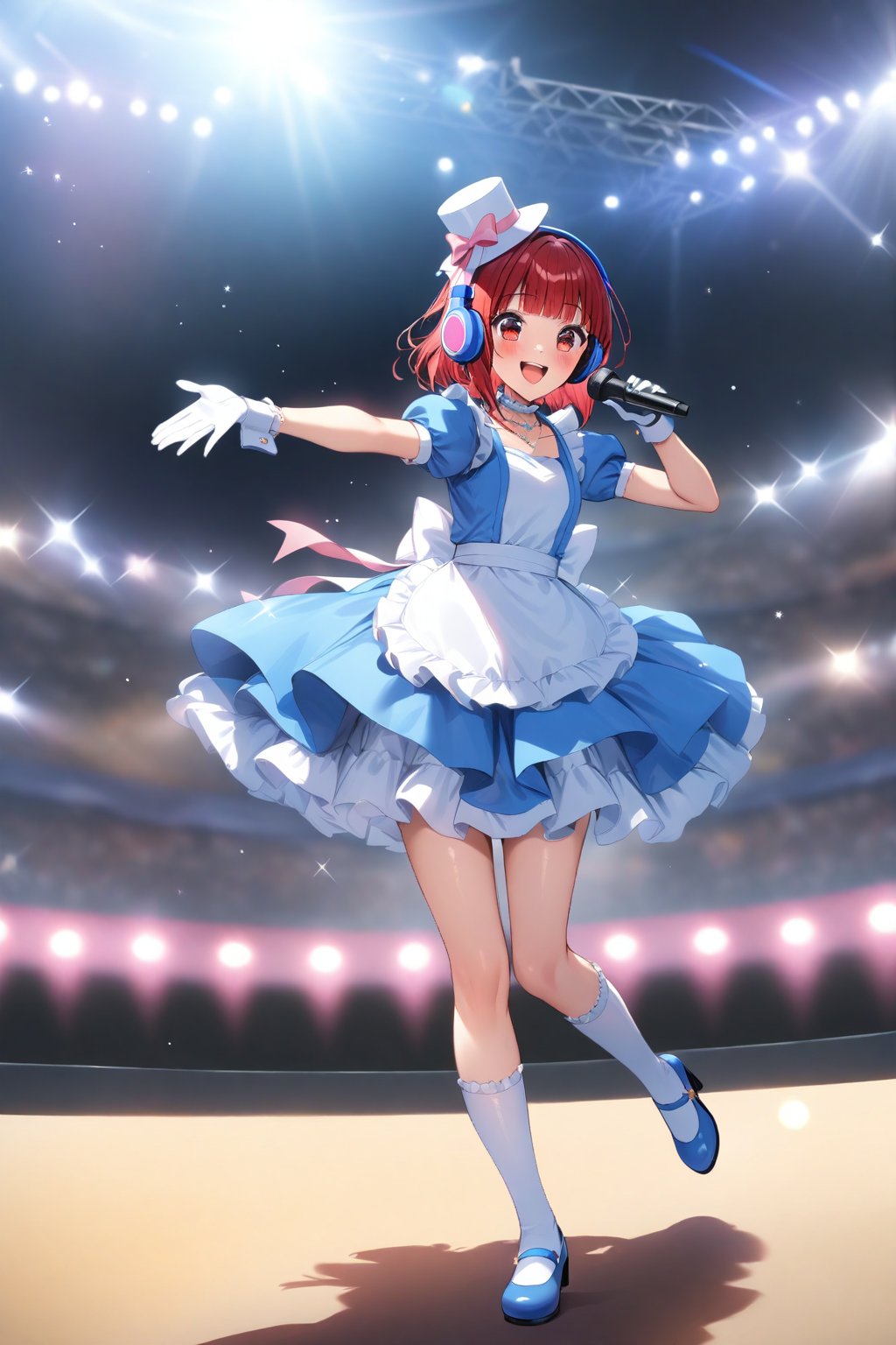 masterpiece, best quality,(1girl), solo,(depth of field),(solo focus),8K,HDR,(ultra high res),(highres),(full body),(lens flare),smiles,blush,(Kana-XL),(medium hair), (red eyes), (red hair),(blunt bangs),(top hat),(
hat bow),(idol clothes),(white bowtie),(blue dress),(frilled choker),(pink ribbon),(puffy short sleeves),(wrist cuffs)(white apron),(white gloves).(necklace),(white sock), (blue footwear),(mary janes),(pink headphones),(outdoors),(holding microphone),music, singing,(stage),(stage lights),(star (sky)),sparkle,(scaffolding),(standing),audience,glowstick,(outstretched arm),(feet out of frame),(leg up),