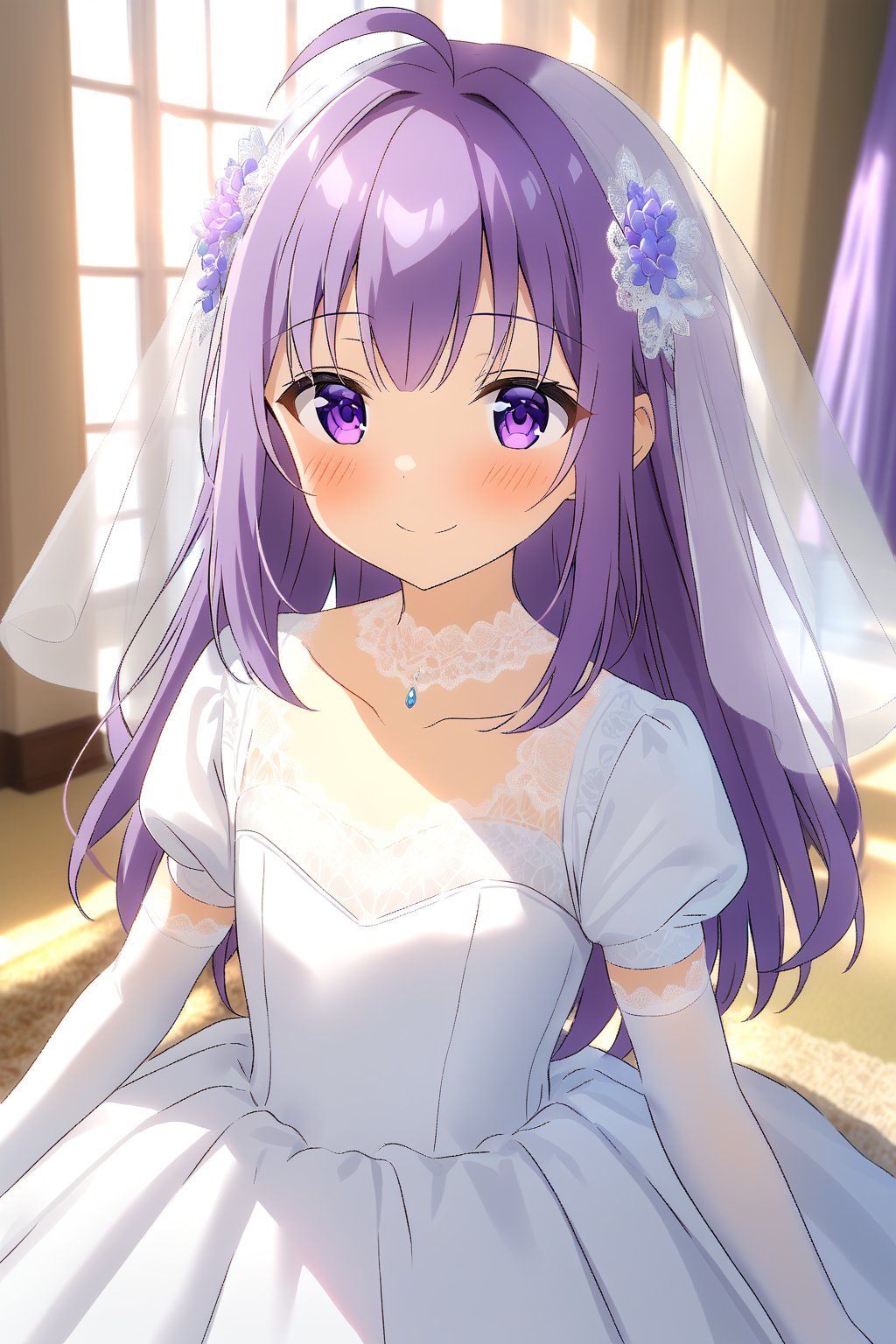 masterpiece, best quality,(1girl), solo,(depth of field),(solo focus),8K,HDR,(ultra high res),(highres),(full body),(lens flare),smiles,blush,(closed mouth), (KJOANKO),(ahoge),(bangs),(purple hair),(long hair),(purple eyes),(collarbone),(hair ornament),(wedding dress), (white dress),(puffy short sleeves),(frilled dress),(white shirt),(skirt), ((white gloves),(lace-trimmed gloves)),(elbow gloves), necklace,jewelry,(white legwear),(no shoes), indoors,standing,room, window, curtains, carpet,veil,(holding bouquet),