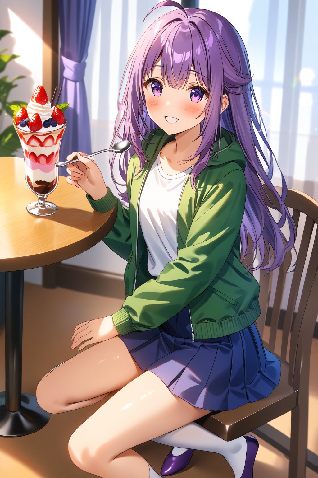 masterpiece, best quality,(1girl), solo,(depth of field),(solo focus),8K,HDR,(ultra high res),(highres),(full body),(perfect lighting),(lens flare),smiles,blush,(KJOANKO),(ahoge),(bangs),(purple hair),(long hair),(purple eyes),(green jacket),(open jacket),(white shirt),(collarbone),(blue skirt),(white socks),(purple footwear),(flats),(cafe),indoors,(table),(food on table),(holding spoon),(strawberry parfait),(drink),(modern cafe),(led lights),curtains,(sitting on chair)