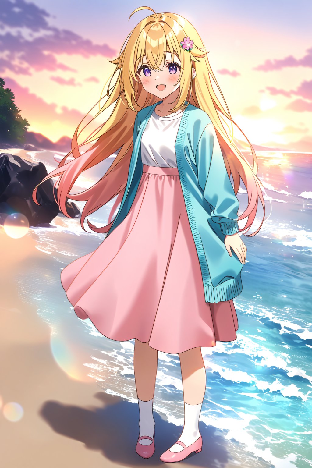 masterpiece, best quality,(1girl), solo,(depth of field),(solo focus),8K,HDR,(ultra high res),(highres),(full body),(lens flare),smiles,blush,ctiank0shi,ahoge (blonde hair),bangs,(long hair),(purple eyes),(hair ornament),(aqua blue cardigan), (open cardigan),(long sleeves),(white shirt),(pink skirt),(casual dress),(white socks),(pink footwear),(ballet flats),(standing),(outdoors),beach,ocean,sands,beach,morning,bokeh