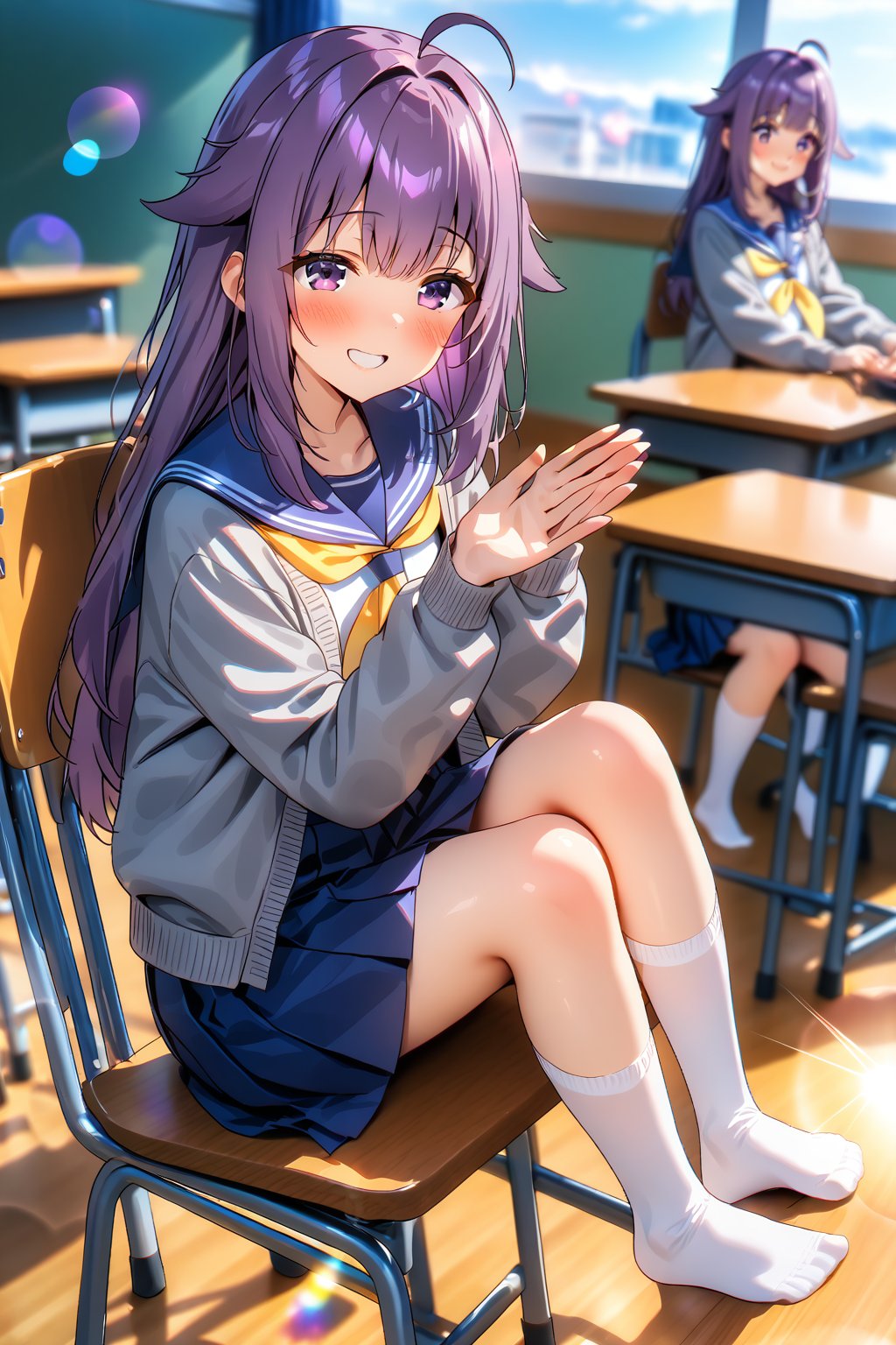 masterpiece, best quality,(1girl), solo,(depth of field),(solo focus),8K,HDR,(ultra high res),(highres),(full body),(full body),(lens flare),smiles,blush,(nice hands),(KJOANKO),(ahoge),(bangs),(purple hair),(long hair),(purple eyes),(hair flaps),(blue sailor collar),(open cardigan),(grey sweater),(yellow neckerchief),(long sleeves),(serafuku),(blue skirt),(white socks),(no shoes),(classroom),(sitting on chair),(table),