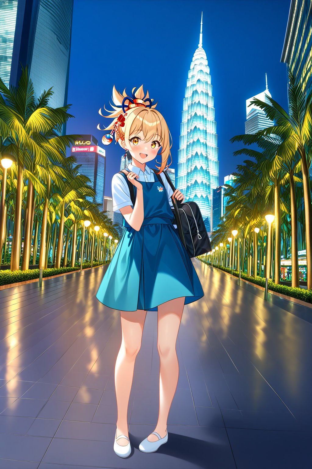 score_9, score_8_up, score_7_up, source_anime,masterpiece, best quality,(1girl), solo,(depth of field),(solo focus),8K,HDR,(ultra high res),(highres),(full body),(lens flare),smiles,blush,(yoimiya),(blonde hair), (medium hair), (asymmetrical hair), (floating hair), (hair between eyes), (high ponytail), sidelocks, (fish hair ornament), (kanzashi), (yellow eyes),,(malaysian secondary school uniform),(schoollogo),(school's logo on right side (pinafore dress)),(aqua blue skirt),(aqua pinafore),(collared shirt),(white shirt),(short sleeves),(white footwear),(ballet flats),(holding school bag),(outdoors),(cityspace),(lamppost),(building),urban,(petronas twin tower),(Longhouse),(national airport tower),KLCC,(Kuala Lumpur countryside),(Kuala Lumper Tower),Malaysia,(blue sky),landmarks,night,firework,(Hibiscus rosa-sinensis),flower,road,