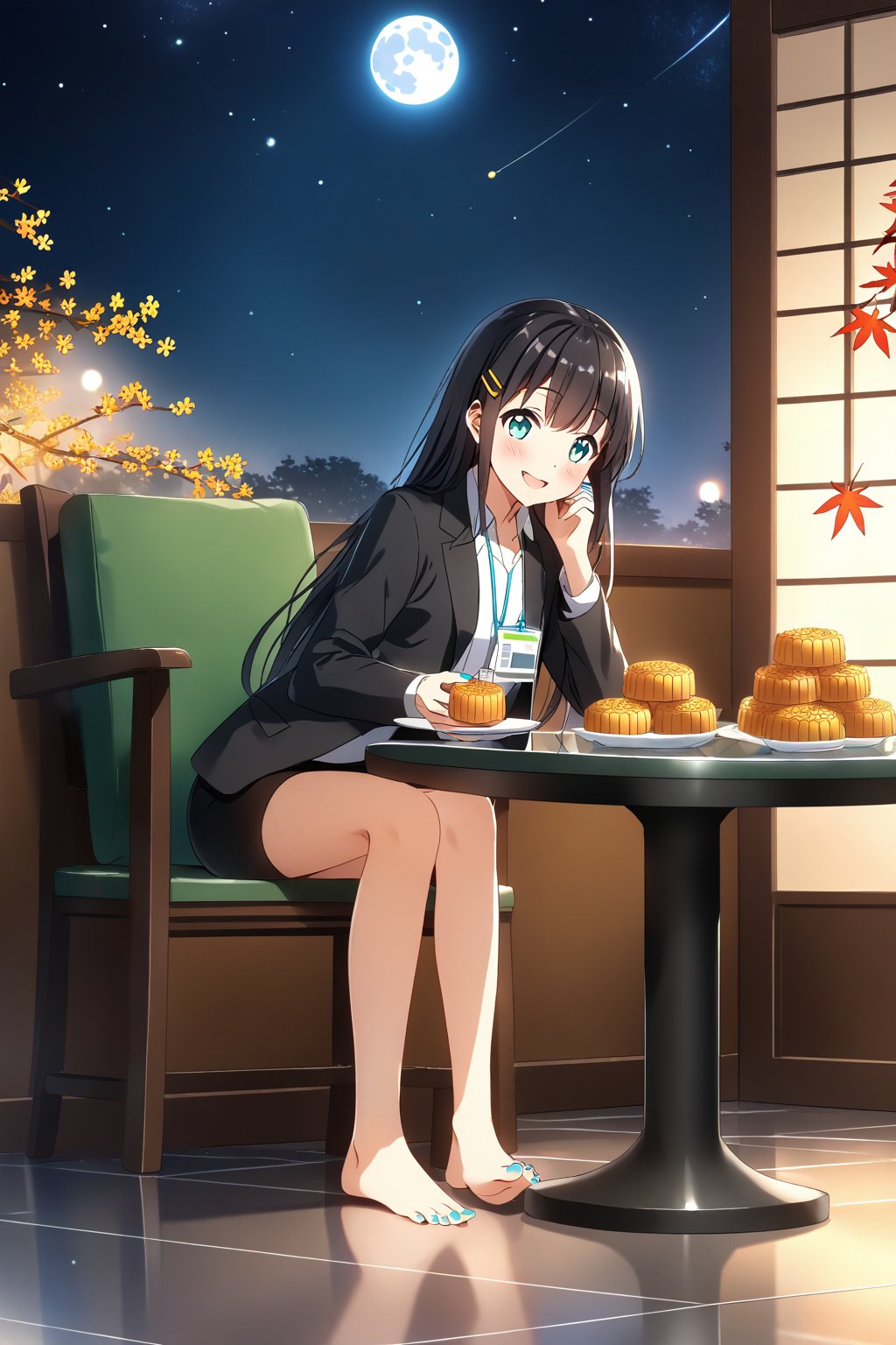 masterpiece, best quality,(1girl), solo,(depth of field),(solo focus),8K,HDR,(ultra high res),(highres),(full body),(full body),(lens flare),smiles,blush,(nice hands), (black hair),(long hair), bangs,(aqua eyes),(hairclip),(id card),(strap),(black jacket),(open jacket),(white shirt),(collared shirt),(black skirt),(pencil skirt),(barefoot),(toenail polish),(aqua nails),(unworn high heels),(mid-autumn festival),(sky lantern),(sitting),(on chair),(armchair),(balcony),(((brown mooncake),food)on plate),(holding mooncake),(maple leaf),(teacup),(teapot),(sanbou),(tsukimi dango),((glass table),(round table)),(gold osmanthus),(yellow flower),(night sky),(star \(sky\)),(full moon),(culture),china,(tile floor),