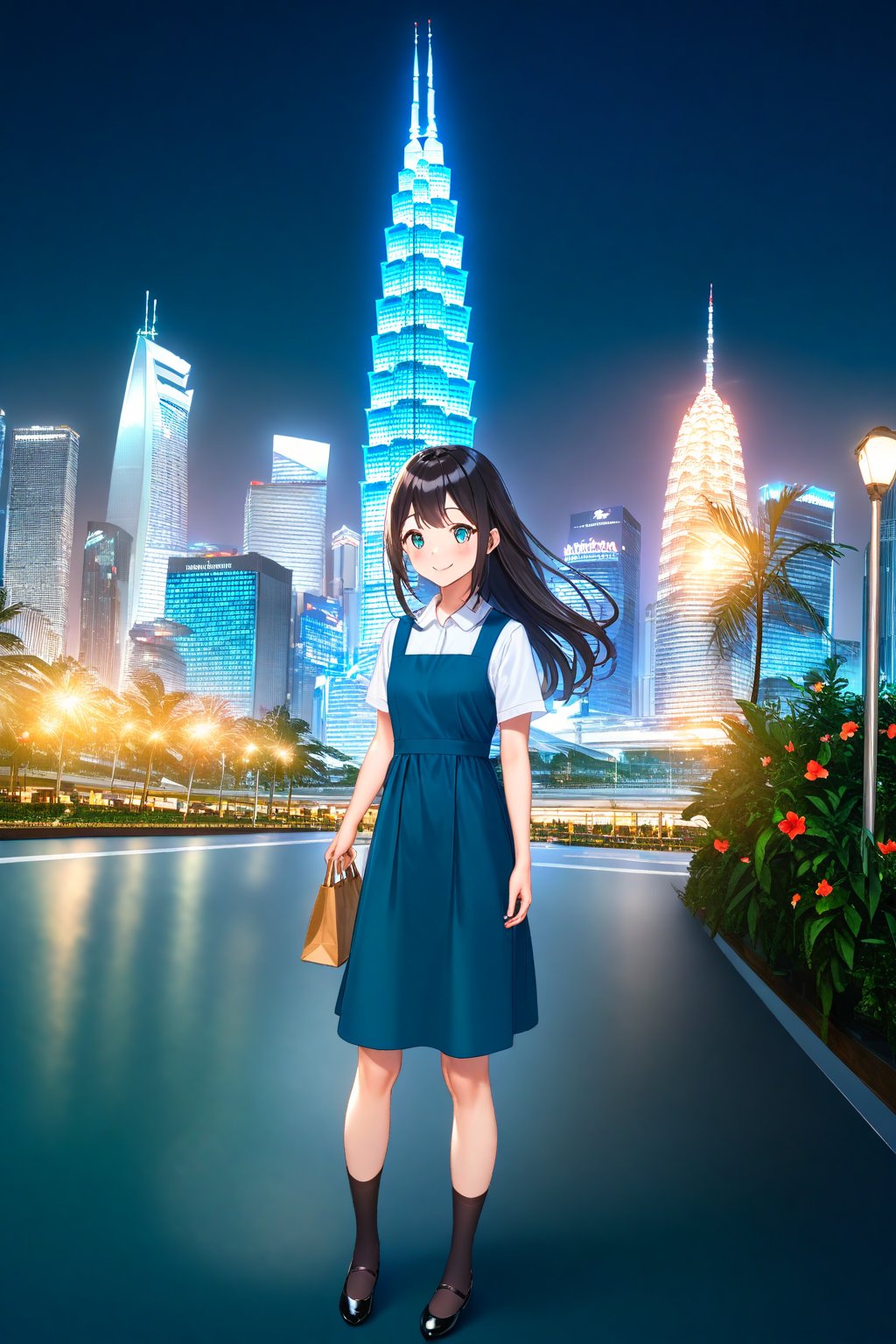 masterpiece, best quality,(1girl), solo,(depth of field),(solo focus),8K,HDR,(ultra high res),(highres),(full body),(lens flare),smiles,blush,(closed mouth),(black hair), (long hair),(aqua eyes),(floating hair), sidelocks,(malaysian secondary school uniform),(schoollogo),(school's logo on right side (pinafore dress)),(aqua blue skirt),(blue pinafore),(collared shirt),(white shirt),(short sleeves),(black socks),(black footwear),(ballet flats),(standing),(outdoors),(cityspace),(holding bag),(lamppost),(building),urban,(petronas twin tower),(Longhouse),(national airport tower),KLCC,(Kuala Lumpur countryside),(Kuala Lumper Tower),Malaysia,(blue sky),landmarks,night,fireworks, 🎇, 🎆,(Hibiscus rosa-sinensis),flower,