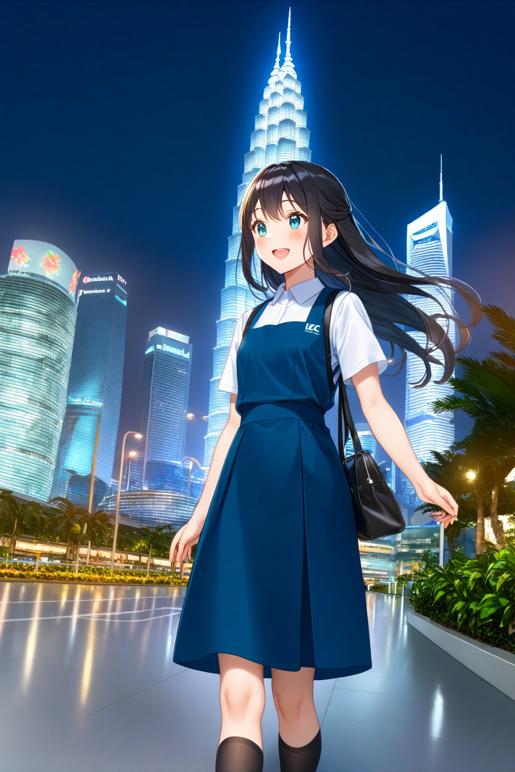 masterpiece, best quality,(1girl), solo,(depth of field),(solo focus),8K,HDR,(ultra high res),(highres),(full body),(lens flare),smiles,blush,(black hair), (long hair),(aqua eyes),(floating hair), sidelocks,(malaysian secondary school uniform),(schoollogo),(school's logo on right side (pinafore dress)),(aqua blue skirt),(blue pinafore),(collared shirt),(white shirt),(short sleeves),(black socks),(black footwear),(ballet flats),(standing),(outdoors),(cityspace),(holding hand bag),(lamppost),(building),urban,(petronas twin tower),(Longhouse),(national airport tower),KLCC,(Kuala Lumpur countryside),(Kuala Lumper Tower),Malaysia,(blue sky),landmarks,night,firework,(Hibiscus rosa-sinensis),flower,street