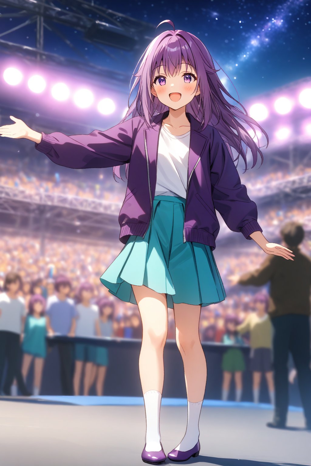 masterpiece, best quality,(1girl), solo,(depth of field),(solo focus),8K,HDR,(ultra high res),(highres),(full body),(lens flare),smiles,blush,(KJOANKO),(ahoge),(bangs),(purple hair),(long hair),(purple eyes),(purple jacket),(open jacket),(white shirt),(collarbone),(aqua skirt),(white socks),(purple footwear),(flats),(outdoors),(holding microphone),music, singing,(stage lights),(star (sky)),sparkle,(scaffolding),(standing),audience,glowstick,(outstretched arm),(feet out of frame),