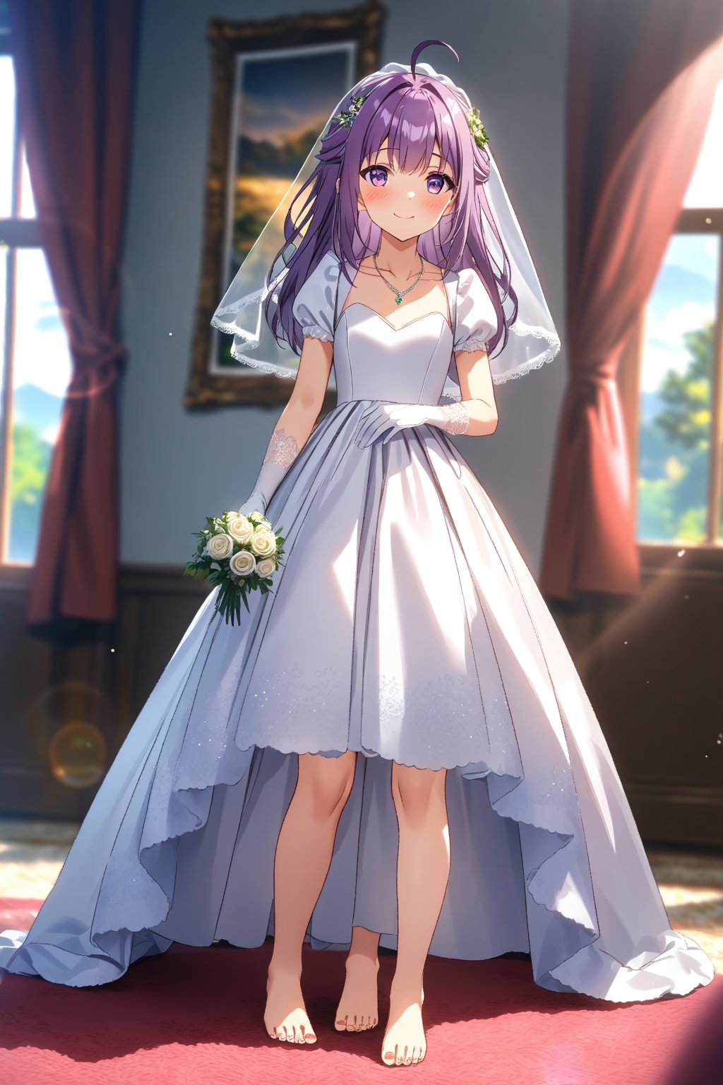 masterpiece, best quality,(1girl), solo,(depth of field),(solo focus),8K,HDR,(ultra high res),(highres),(full body),(lens flare),smiles,blush,(closed mouth), (KJOANKO),(ahoge),(bangs),(purple hair),(long hair),(purple eyes),(collarbone),(hair ornament),(wedding dress), (white dress),(puffy short sleeves),(frilled dress),(white shirt),(skirt), ((white gloves),(lace-trimmed gloves)),(elbow gloves), necklace,jewelry,(barefoot),(toenail polish), indoors,standing,room, window, curtains, carpet,veil,(holding bouquet),