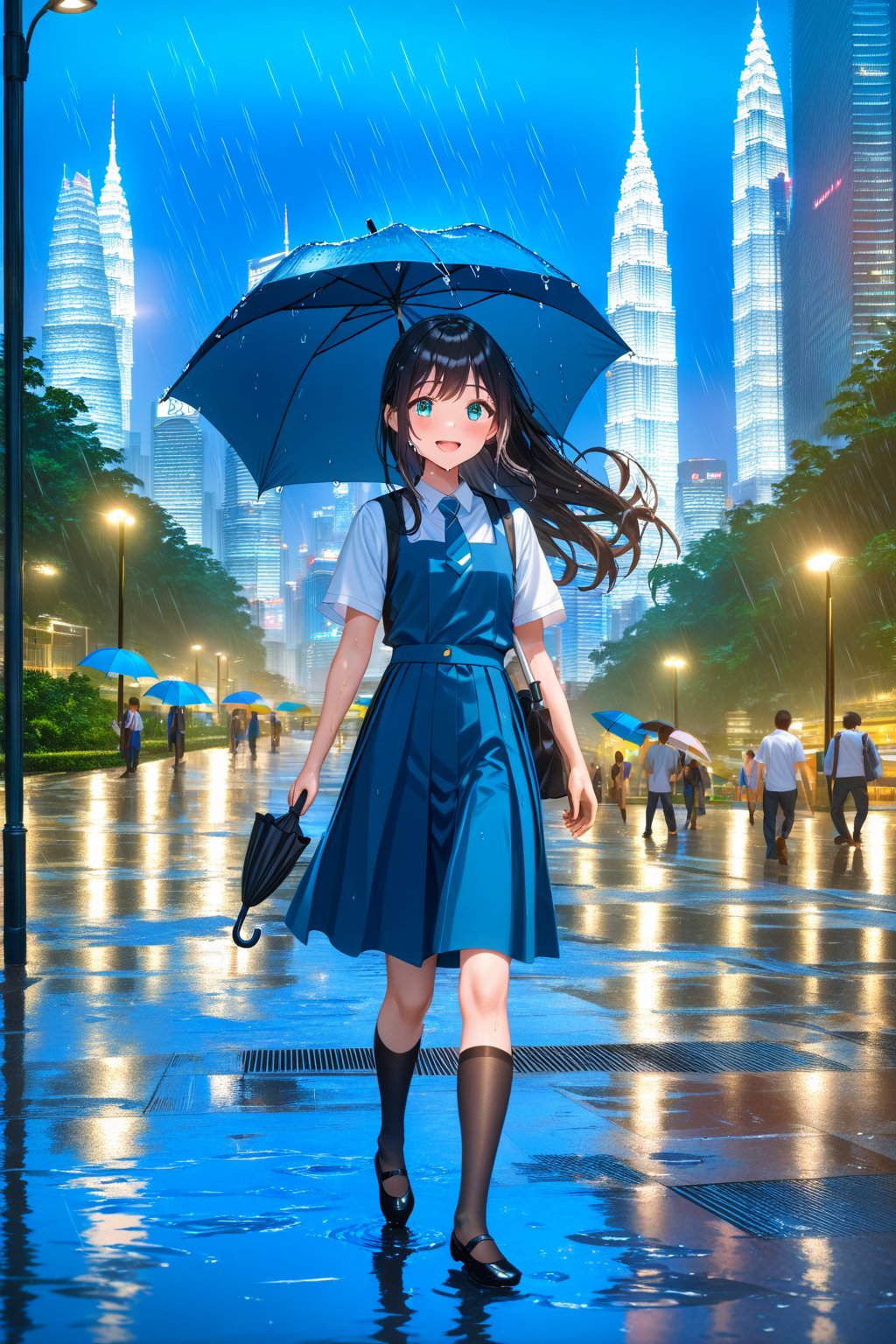 masterpiece, best quality,(1girl), solo,(depth of field),(solo focus),8K,HDR,(ultra high res),(highres),(full body),(perfect lighting),(lens flare),smiles,blush,(black hair), (long hair),(aqua eyes),(floating hair), sidelocks,(malaysian secondary school uniform),(schoollogo),(school's logo on right side (pinafore dress)),(aqua blue skirt),(blue pinafore),(collared shirt),(white shirt),(short sleeves),(black socks),(black footwear),(ballet flats),(walking),(outdoors),(flood),(water),(rainstorm),(rain),(water drop),(cityspace),(holding umbrella),(wet),(lamppost),urban,(wet floor),(petronas twins tower),(Kuala Lumper Tower),Malaysia,