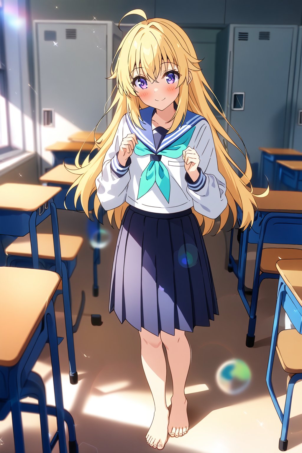 score_9, score_8_up, score_7_up, source_anime, masterpiece, best quality,(1girls), solo,(depth of field),(solo focus),8K,HDR,(ultra high res),(highres),(full body),(lens flare),smiles,blush,ctiank0shi,(blonde hair),ahoge ,bangs,sidelocks,(long hair),(purple eyes),(long sleeves),(serafuku), (blue sailor collar),(white shirt),(aqua neckerchief),(dark blue skirt),(pleated skirt),(barefoot),(toenails),(no shoes),indoors, classroom,(standing),(chair),table,locker,bookshelf,(closed mouth), 