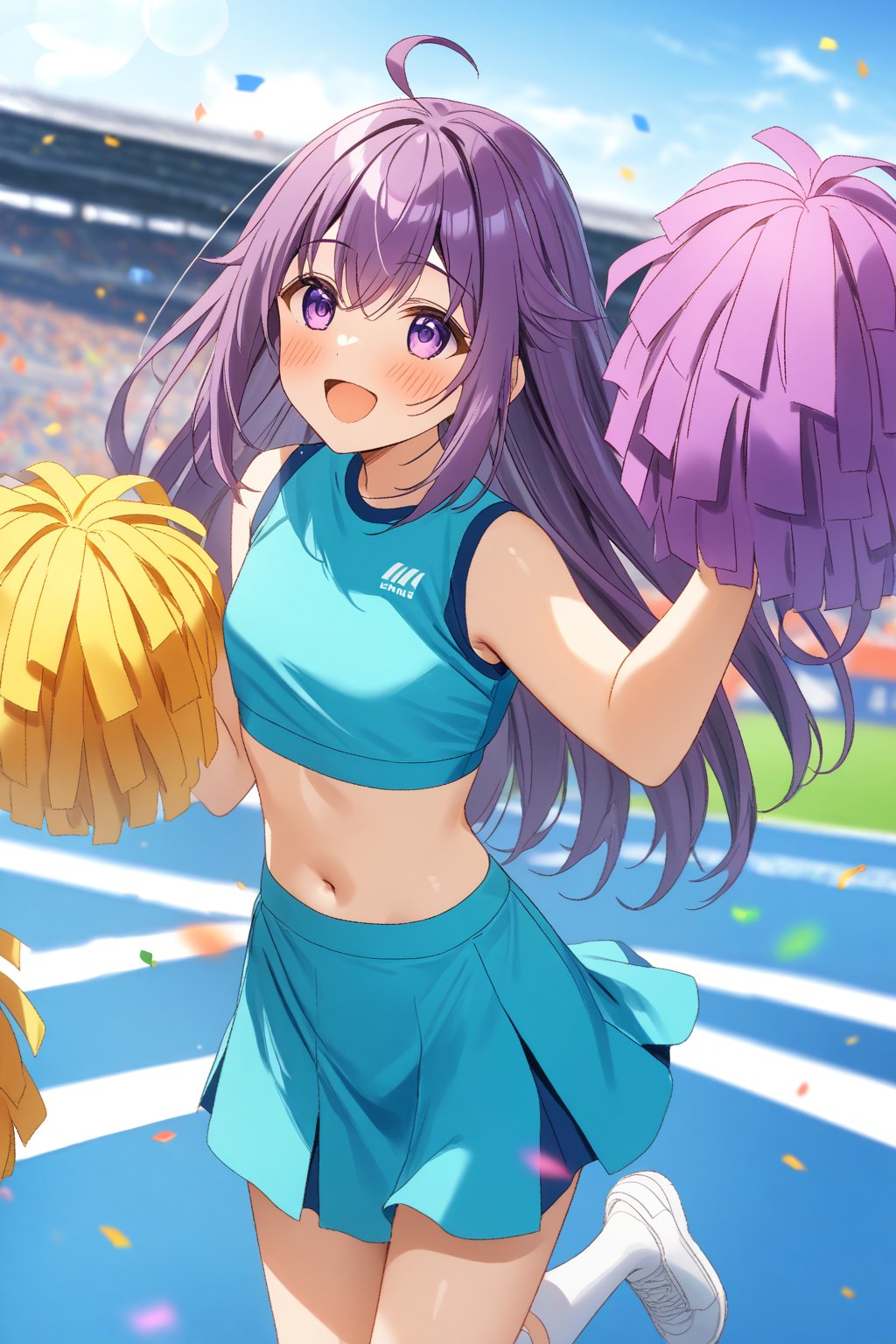 masterpiece, best quality,(1girl), solo,(depth of field),(solo focus),8K,HDR,(ultra high res),(highres),(full body),(lens flare),smiles,blush,(KJOANKO),(ahoge),(bangs),(purple hair),(long hair),(purple eyes),(blue shirt),(crop top),(aqua skirt),(pleated skirt),(sleeveless shirt),(white socks),(white footwear),(sneakers),(outdoors),(sports festival),cheerleader,(holding pom poms),(pom pom \(cheerleading\)),stadium,jyojifuku,navel,(arm up),(confetti)