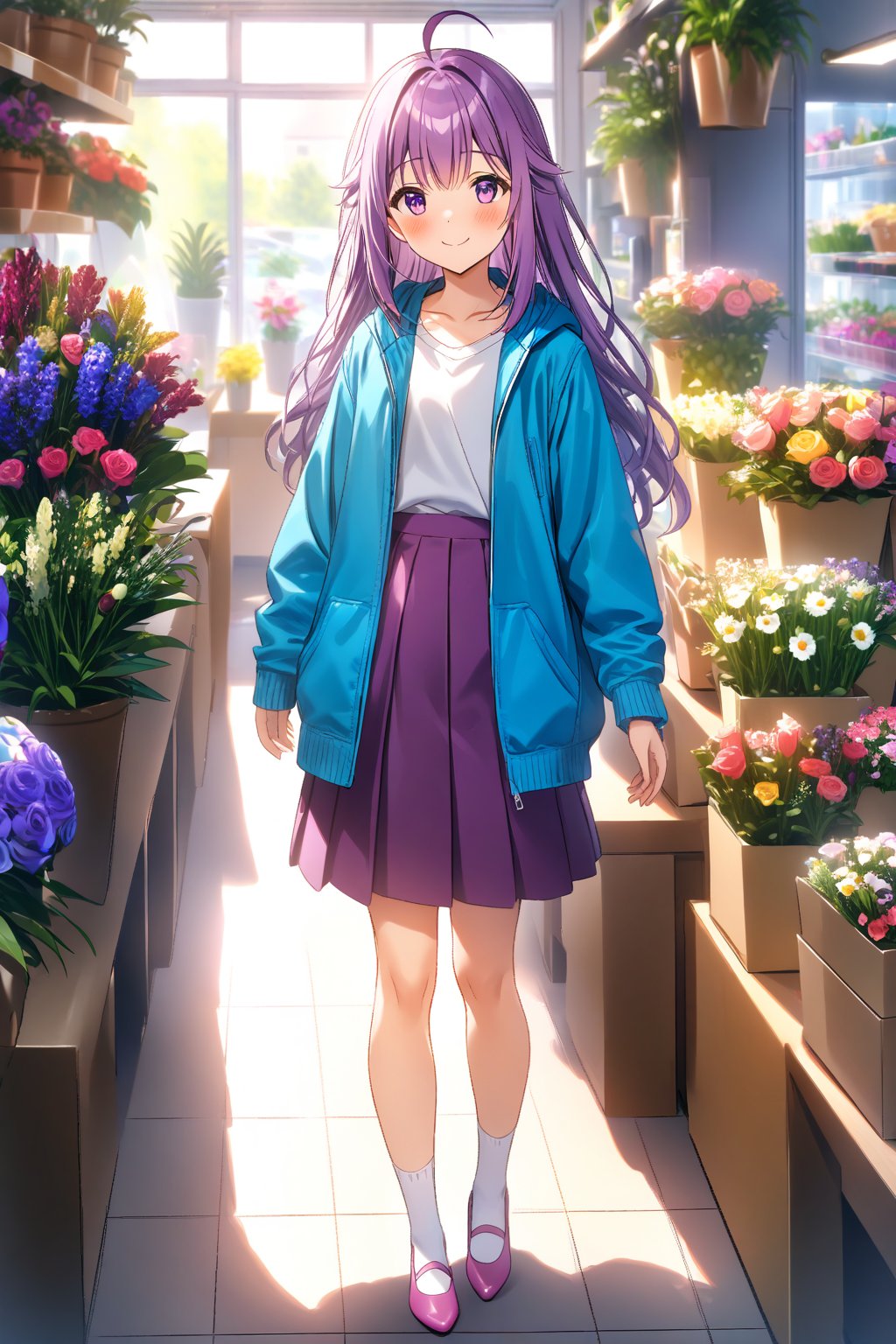 masterpiece, best quality,(1girl), solo,(depth of field),(solo focus),8K,HDR,(ultra high res),(highres),(full body),(lens flare),smiles,blush,(closed mouth),(KJOANKO),(ahoge),(bangs),(purple hair),(long hair),(purple eyes),(blue jacket),(open jacket),(white shirt),(collarbone),(purple skirt),(white socks),(pink footwear),(flats),(standing),(indoors),curtains,(flower shop),(shop),(holding bouquet),florist,(loaded interior),(potted plant),(flower),vase,wreath,