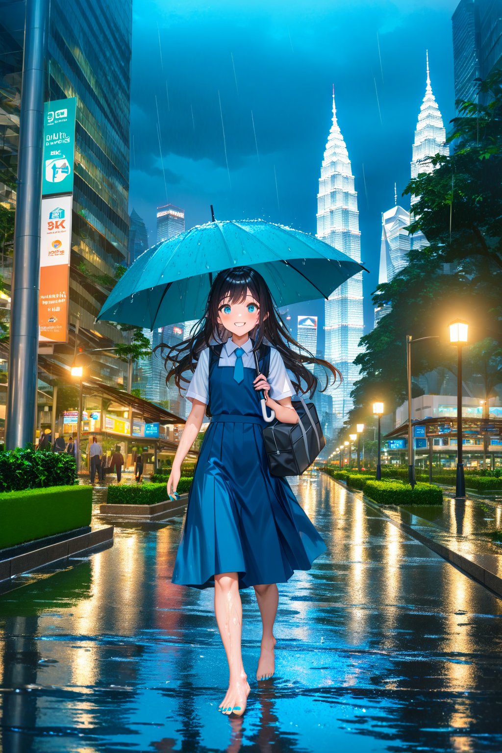 masterpiece, best quality,(1girl), solo,(depth of field),(solo focus),8K,HDR,(ultra high res),(highres),(full body),(perfect lighting),(lens flare),smiles,blush,(black hair), (long hair),(aqua eyes),(floating hair), sidelocks,(malaysian secondary school uniform),(schoollogo),(school's logo on right side (pinafore dress)),(aqua blue skirt),(blue pinafore),(collared shirt),(white shirt),(short sleeves),(barefoot),(toenail polish),(aqua nails),(walking),(outdoors),(flood),(water),(rainstorm),(rain),(water drop),(cityspace),(holding umbrella),(wet),(lamppost),urban,(wet floor),(petronas twins tower),(Kuala Lumper Tower),Malaysia,