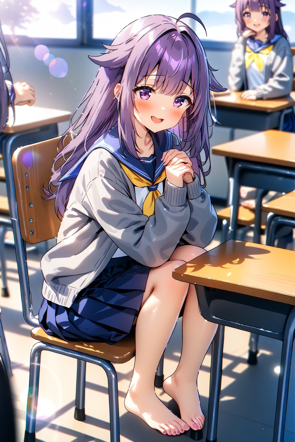 masterpiece, best quality,(1girl), solo,(depth of field),(solo focus),8K,HDR,(ultra high res),(highres),(full body),(full body),(lens flare),smiles,blush,(nice hands),(KJOANKO),(ahoge),(bangs),(purple hair),(long hair),(purple eyes),(hair flaps),(blue sailor collar),(open cardigan),(grey sweater),(yellow neckerchief),(long sleeves),(serafuku),(blue skirt),(barefoot),(toenail polish),(no shoes),(classroom),(sitting on chair),(table),