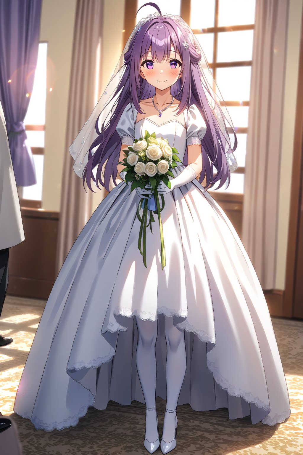 masterpiece, best quality,(1girl), solo,(depth of field),(solo focus),8K,HDR,(ultra high res),(highres),(full body),(lens flare),smiles,blush,(closed mouth), (KJOANKO),(ahoge),(bangs),(purple hair),(long hair),(purple eyes),(collarbone),(hair ornament),(wedding dress), (white dress),(puffy short sleeves),(frilled dress),(white shirt),(skirt), ((white gloves),(lace-trimmed gloves)),(elbow gloves), necklace,jewelry,(white legwear),(white footwear),(high heels), indoors,standing,room, window, curtains, carpet,veil,(holding bouquet),