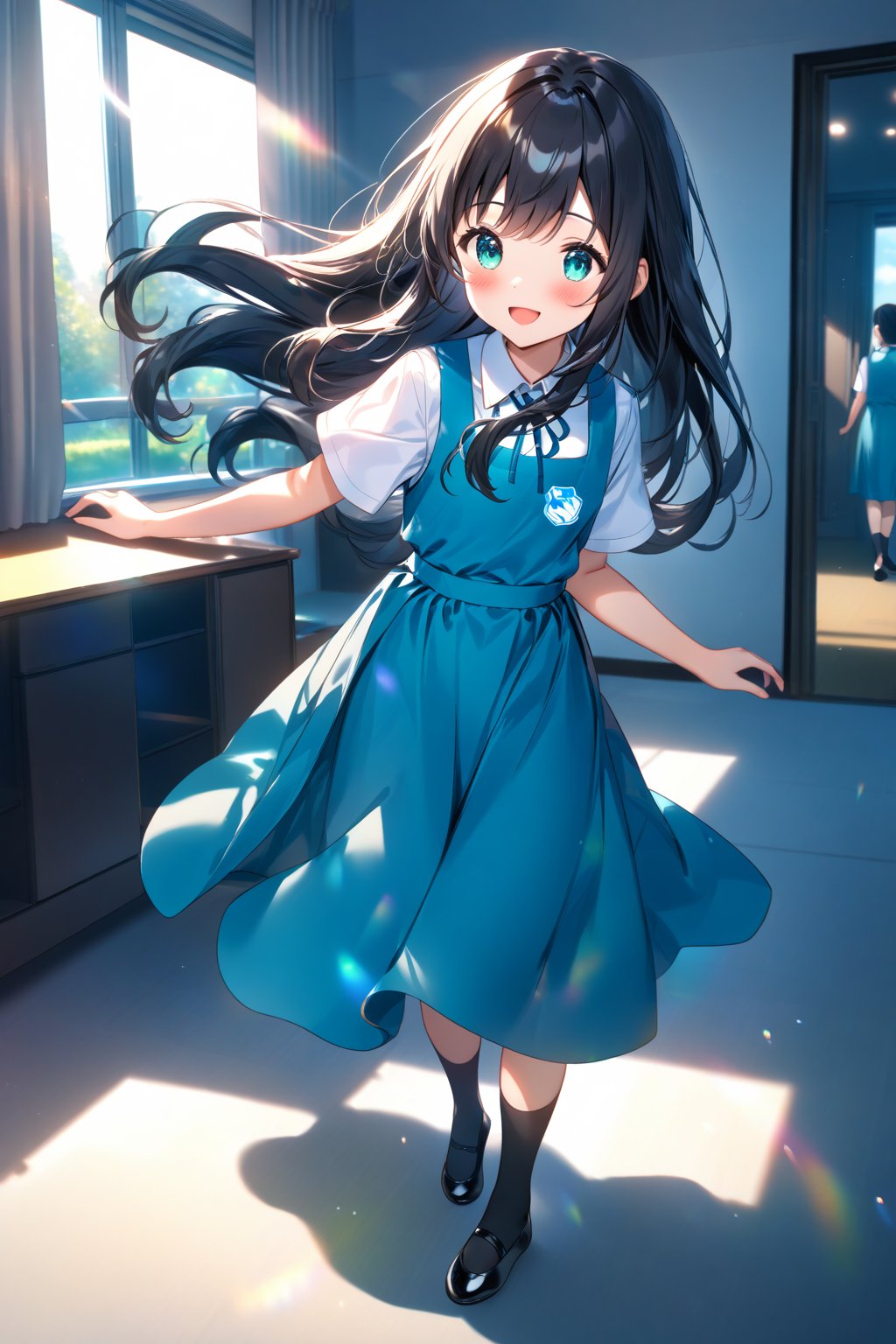 masterpiece, best quality,(1girls), solo,(depth of field),(solo focus),8K,HDR,(ultra high res),(highres),(full body),(perfect lighting),(lens flare),smiles,blush,(nice hands), (perfect hands),(black hair), (long hair),(aqua eyes),(floating hair), sidelocks,(malaysian secondary school uniform),(schoollogo),(school's logo on right side (pinafore dress)),(aqua blue skirt),(blue pinafore),(collared shirt),(white shirt),(short sleeves),(black footwear),(ballet flats),(black socks),(indoors),(standing on carpet),(room),(tiles floor),window,curtains,