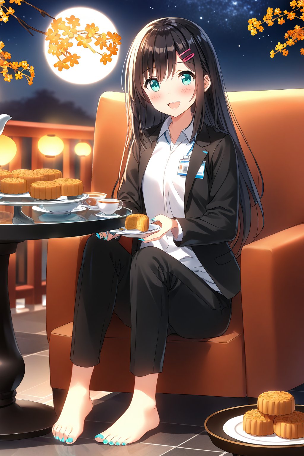 masterpiece, best quality,(1girl), solo,(depth of field),(solo focus),8K,HDR,(ultra high res),(highres),(full body),(full body),(lens flare),smiles,blush,(nice hands), (black hair),(long hair), bangs,(aqua eyes),(hairclip),(id card),(strap),(black jacket),(open jacket),(white shirt),(collared shirt),(black pants),(pencil pants),(barefoot),(toenail polish),(aqua nails),(mid-autumn festival),(sky lantern),(sitting),(on chair),(armchair),(balcony),(((brown mooncake),food)on plate),(holding mooncake),(maple leaf),(teacup),(teapot),(sanbou),(tsukimi dango),((glass table),(round table)),(gold osmanthus),(yellow flower),(night sky),(star \(sky\)),(full moon),(culture),china,(tile floor),