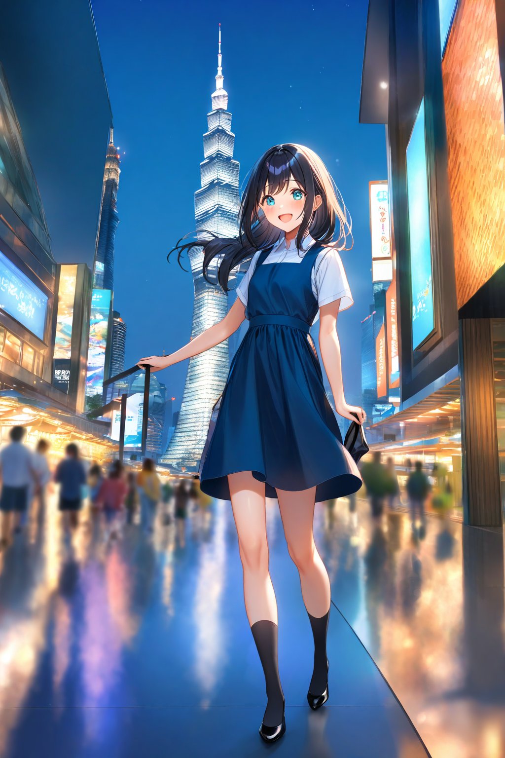 masterpiece, best quality,(1girl), solo,(depth of field),(solo focus),8K,HDR,(ultra high res),(highres),(full body),(lens flare),smiles,blush,(black hair), (long hair),(aqua eyes),(floating hair), sidelocks,(malaysian secondary school uniform),(schoollogo),(school's logo on right side (pinafore dress)),(aqua blue skirt),(blue pinafore),(collared shirt),(white shirt),(short sleeves),(black socks),(black footwear),(ballet flats),(standing),(outdoors),(cityspace),(holding bag),(lamppost),(building),urban,(petronas twin tower),(Longhouse),(national airport tower),KLCC,(Kuala Lumpur countryside),(Kuala Lumper Tower),Malaysia,(blue sky),landmarks,night,firework,(Hibiscus rosa-sinensis),flower,