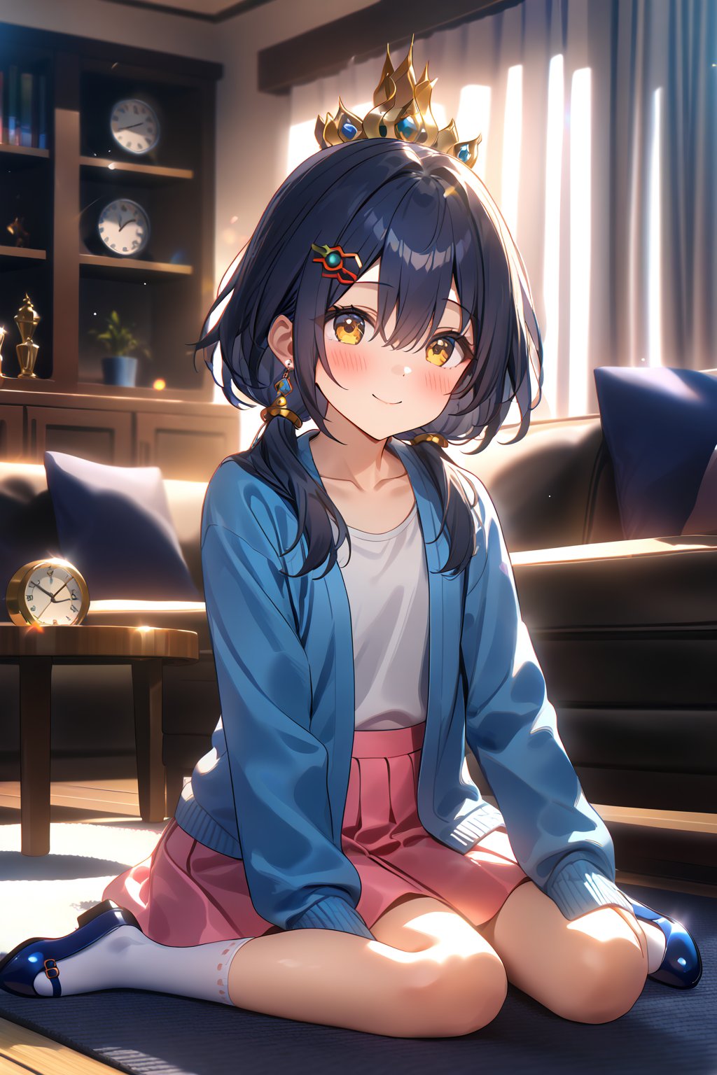 masterpiece, best quality,(1girl), solo,(depth of field),(solo focus),8K,HDR,(ultra high res),(highres),(full body),(perfect lighting),(lens flare),smiles,blush,(closed mouth),(yunli),(dark blue hair),(short hair with long locks),(low twintails),(yellow eyes),(hair between eyes),(single earrings),(crown),(hairclip),(headpiece),(hair ornament),(low ponytail),(double ponytail),(blue cardigan),(open cardigan),(white shirt),(collarbone),(pink skirt),(white socks),(blue footwear),(mary janes),(no shoes),(indoor),(living room),clock,(sitting on couch),curtains,carpet,bookshelf,(modern room),(tile floor), 