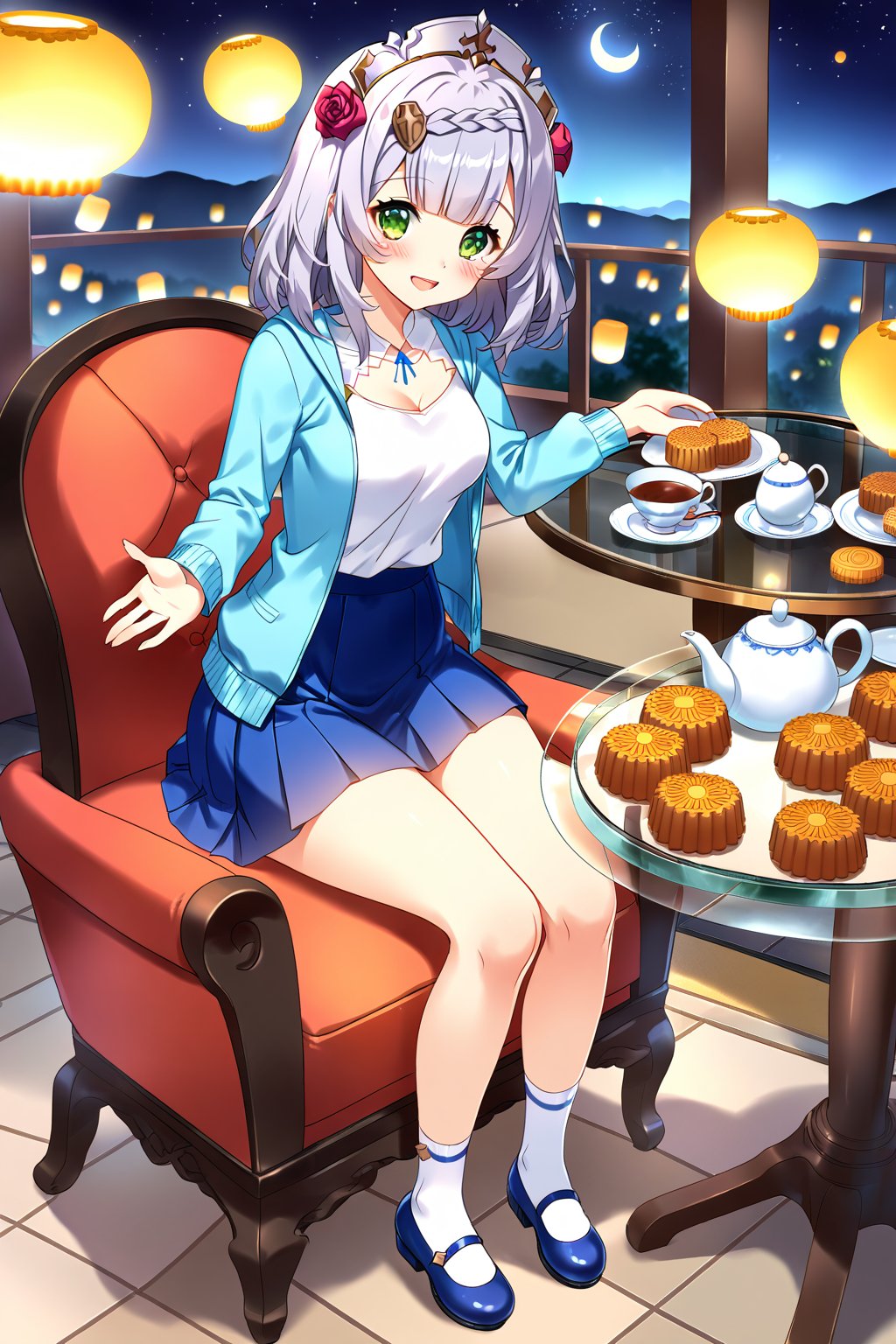 masterpiece, best quality,(1girl), solo,(depth of field),(solo focus),8K,HDR,(ultra high res),(highres),(full body),(full body),(lens flare),smiles,blush,(nice hands), (noelle \(genshin impact\)),(green eyes),(blunt bangs),(grey hair),(braided bangs),(crown braid),(medium breasts),(medium hair),(red roses hair ornament),(gold nails),(alternate costume),(aqua blue jacket), (open jacket),(long sleeves),(white shirt),(blue skirt),(casual outfit),(white socks),(blue footwear),(mary janes),(mid-autumn festival),(sky lantern),(sitting),(on chair),(armchair),(balcony),(((brown mooncake),food)on plate),(holding mooncake),(maple leaf),(teacup),(teapot),(sanbou),(tsukimi dango),((glass table),(round table)),(gold osmanthus),(yellow flower),(night sky),(star \(sky\)),(full moon),(culture),china,(tile floor), 